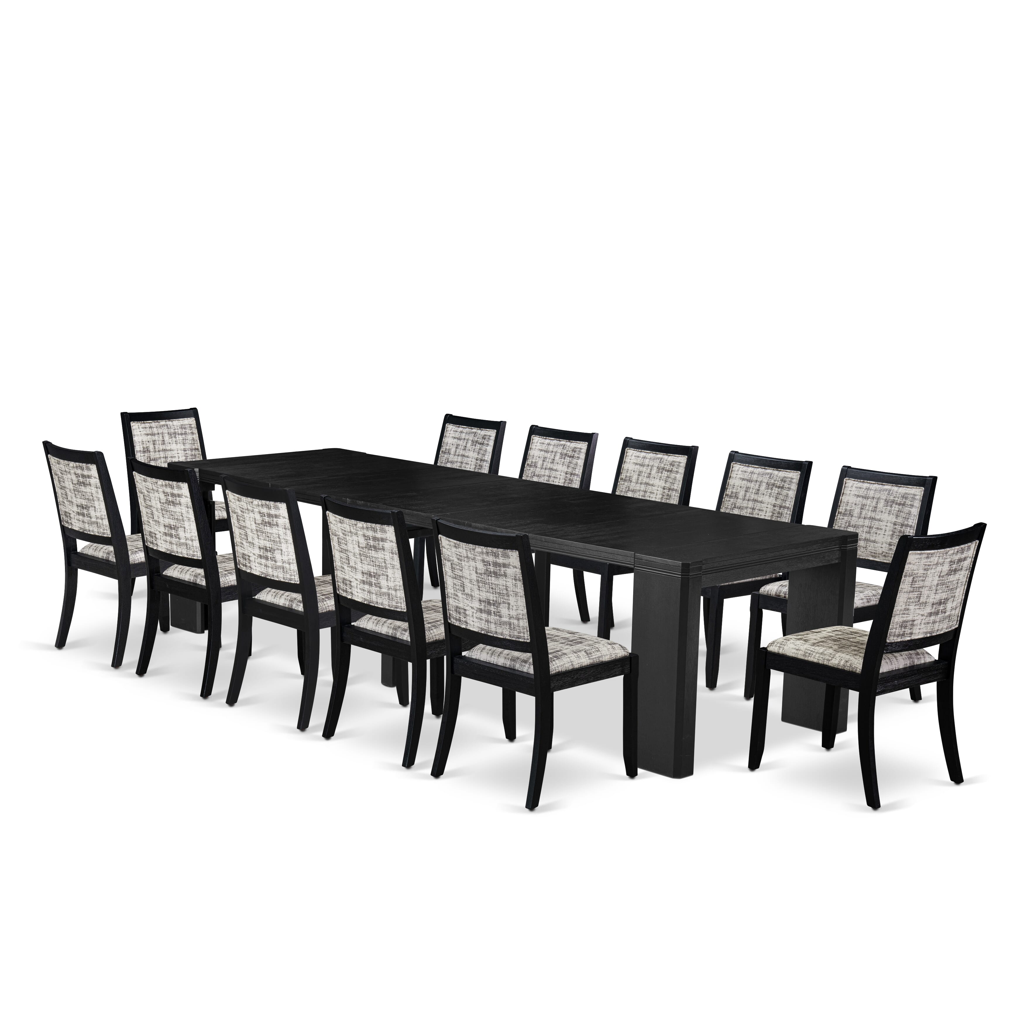 X12X2-006-30 13-piece Xtenczar Dining Table Set a Rectangular Kitchen Table and 12 White & Grey Pattern Faux Leather Stackable Chair, Wire Brushed Black