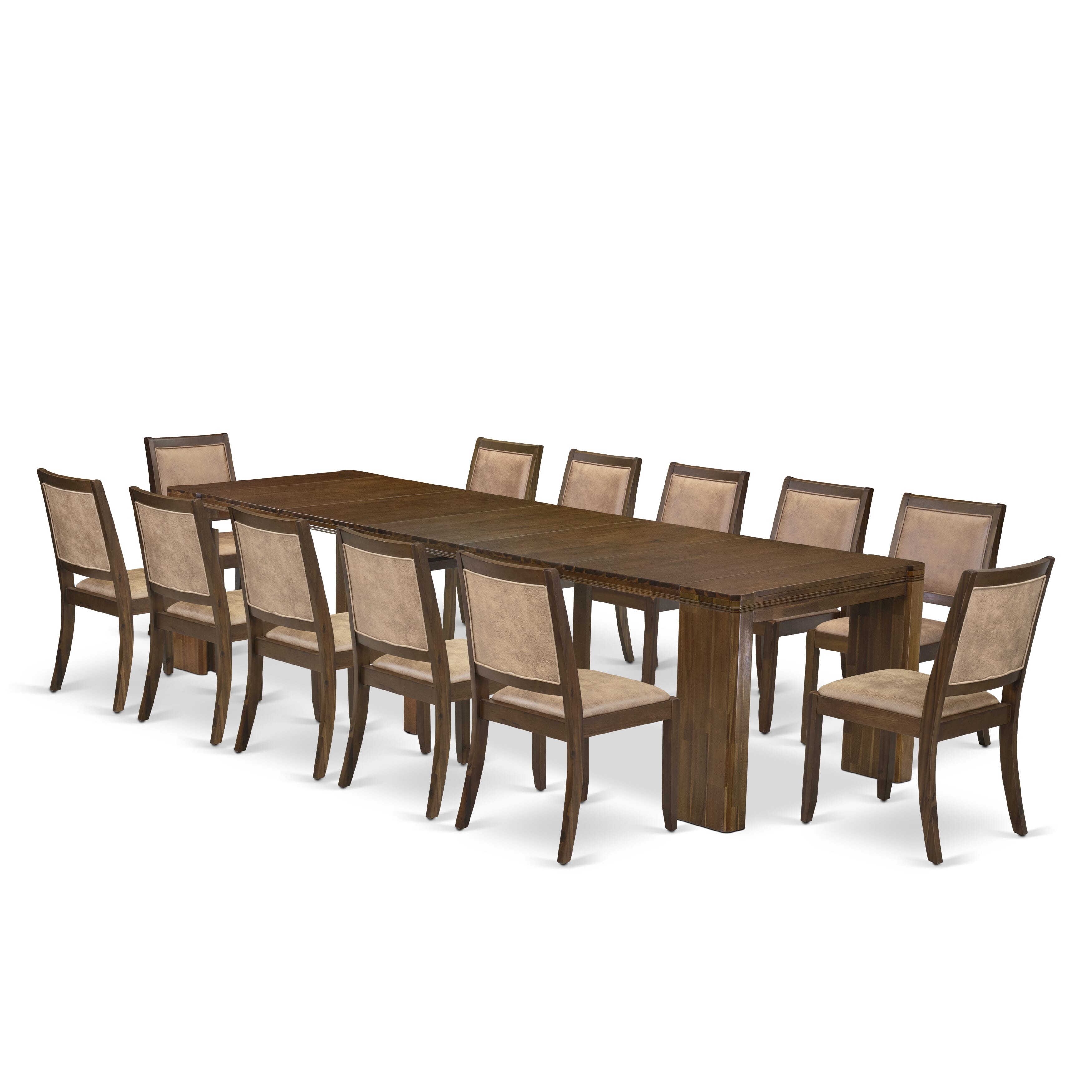 X12X2-008-28 -13 Pieces Extendable Dining Set Includes a Rectangle Xtenczar Kitchen Table and 12 Brown Textured Faux Leather Stackable Dining Chairs, Antique Walnut