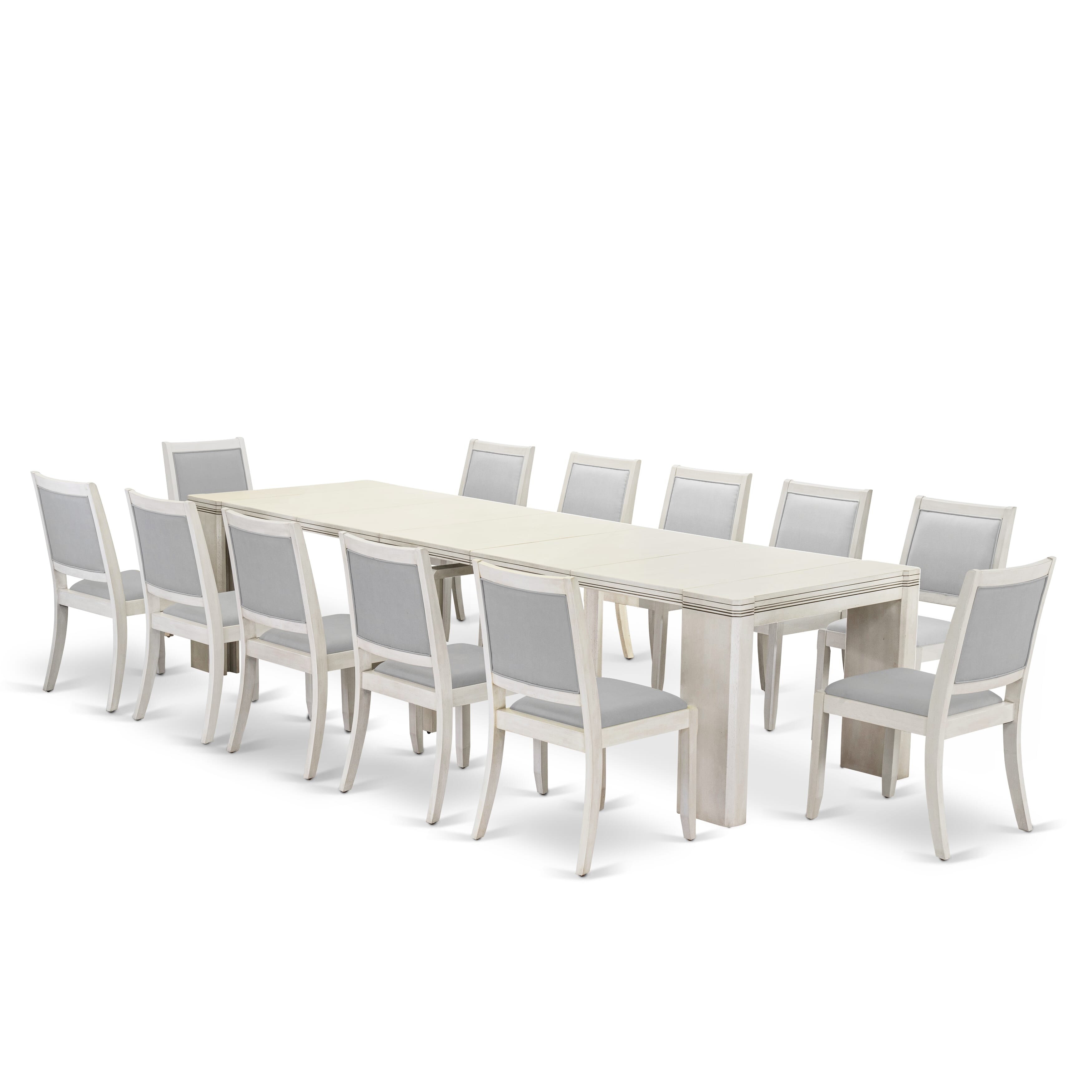 X12X2-00W-27 -13 Pieces Extendable Dining Set Includes a Rectangle Xtenczar Dining Table and 12 Light Gray Faux Leather Stackable Dining Chairs, Antique White