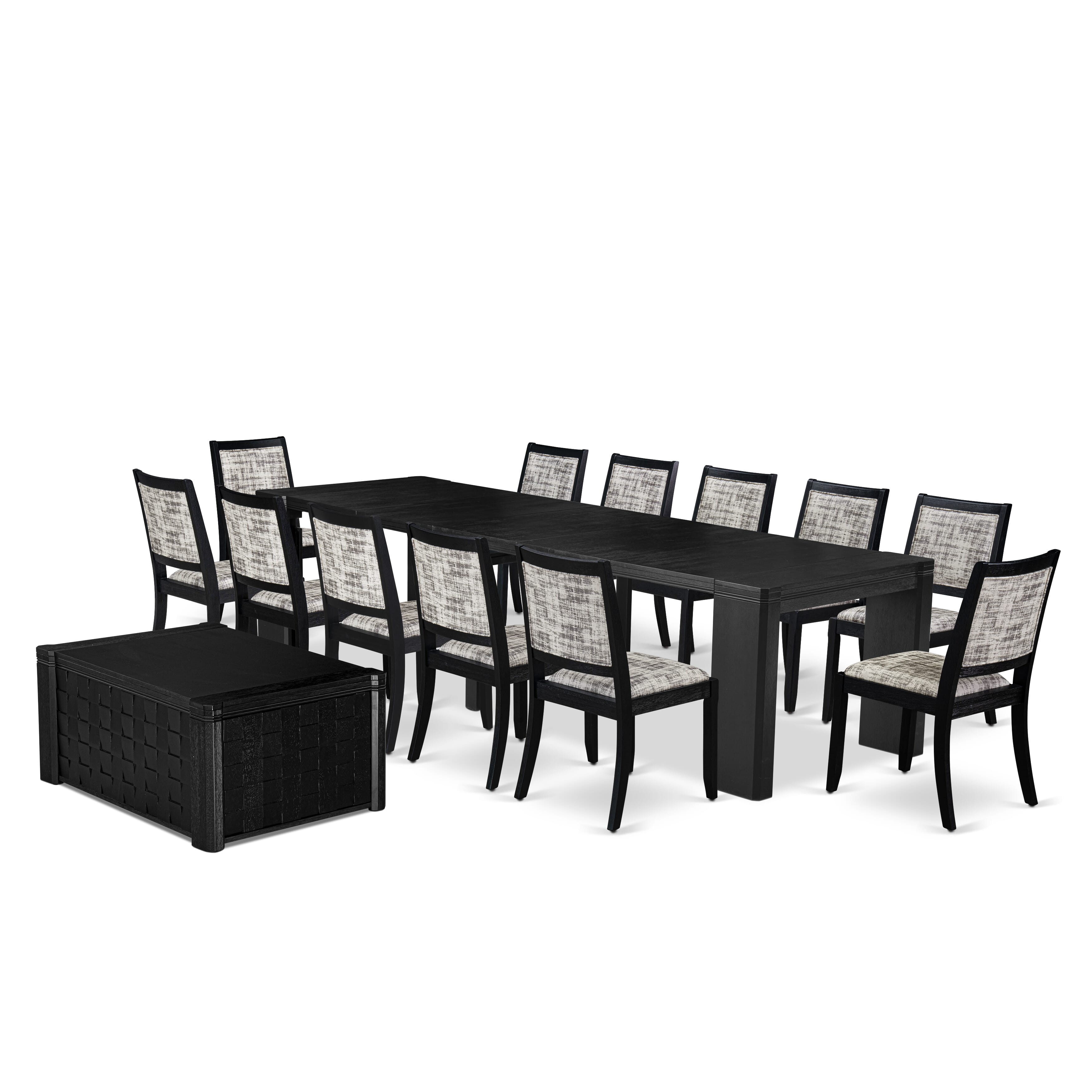 X12X2-0C6-30 14-piece Xtenczar Dining Table Set a Rectangular Kitchen Table with a coffee Table and 12 White & Grey Pattern Faux Leather Stackable Chair, Wire Brushed Black