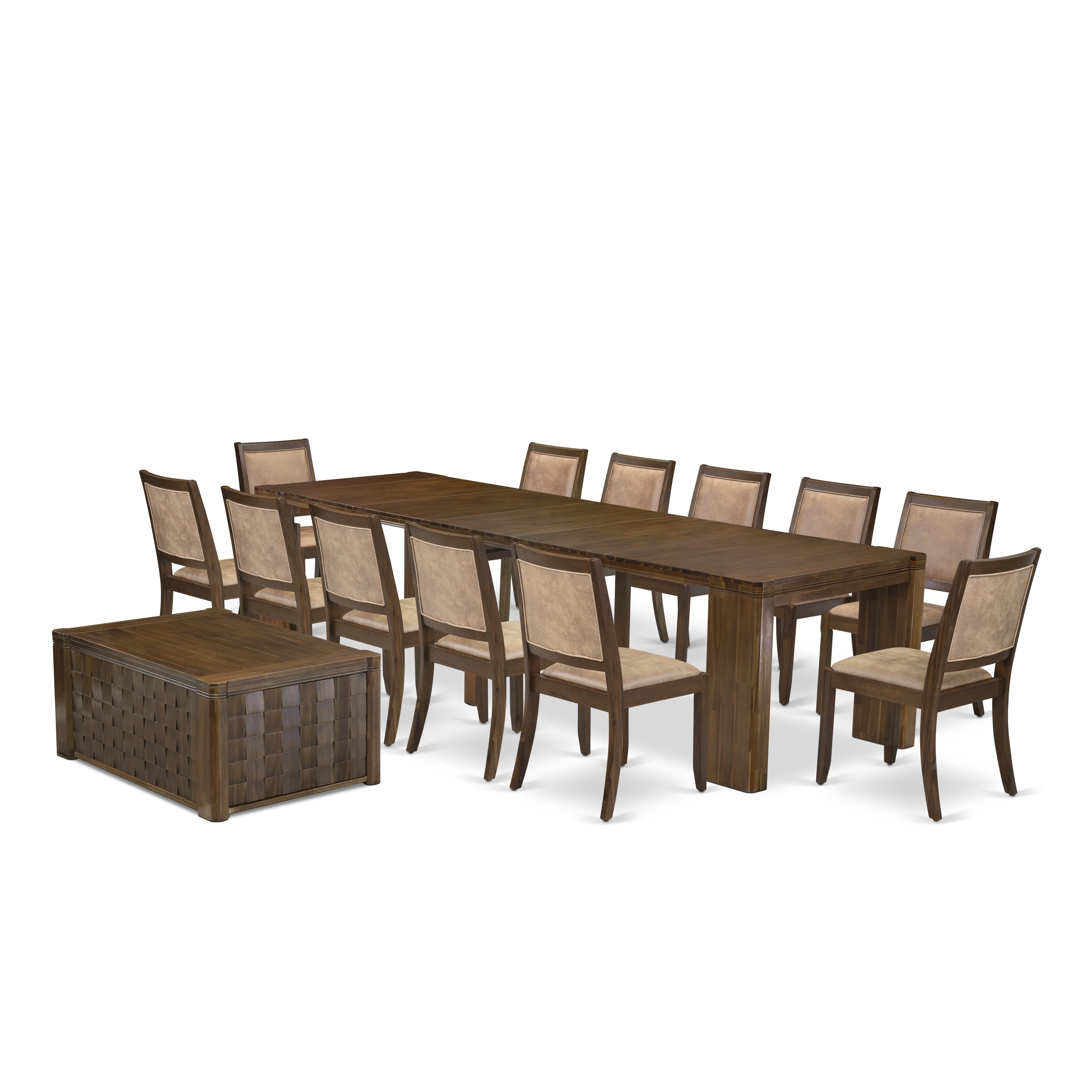 X12X2-0C8-28 -14 Pc Extendable Dining Set Includes 1 Rectangle Xtenczar Kitchen Table, 1 Coffee Table and 12 Brown Textured Leather Stackable Dining Chairs, Antique Walnut