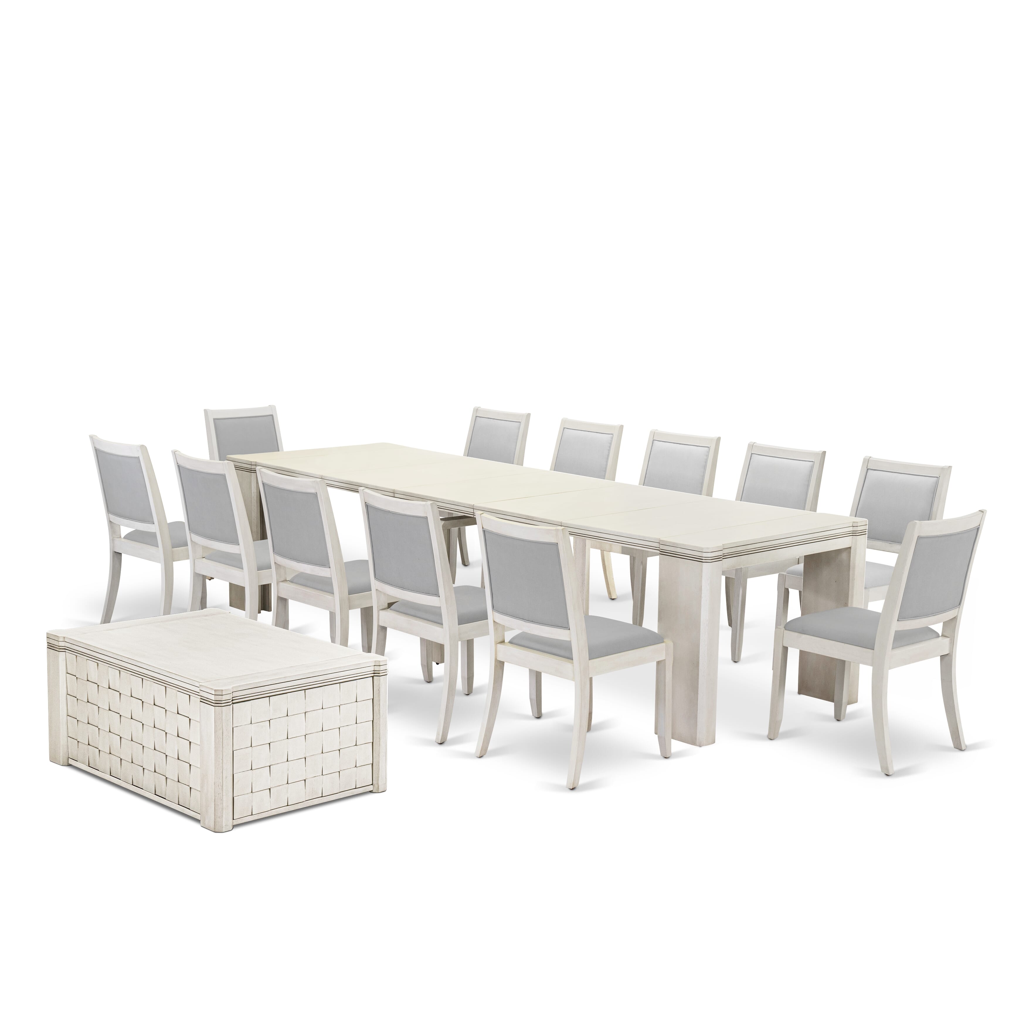X12X2-0CW-27 -14 Pieces Extendable Dining Set Includes 1 Rectangle Xtenczar Dining Table, 1 Coffee Table, 12 Light Gray Faux Leather Stackable Dining Chairs, Antique White