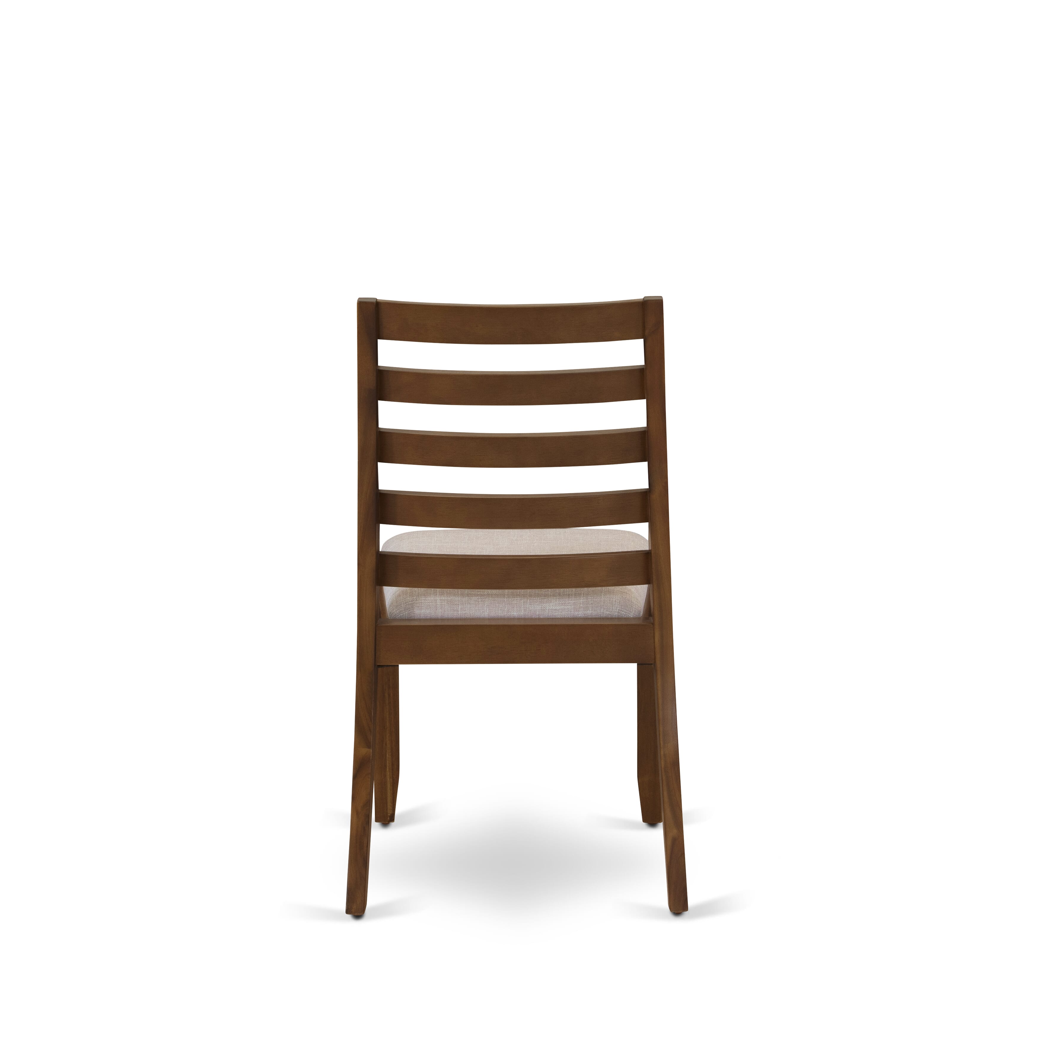 HBX13-AWA-04 3-pc Dining Table Set consists of a Round Table and 2 Light Tan Linen Fabric stackable Chair, Antique Walnut Finish.