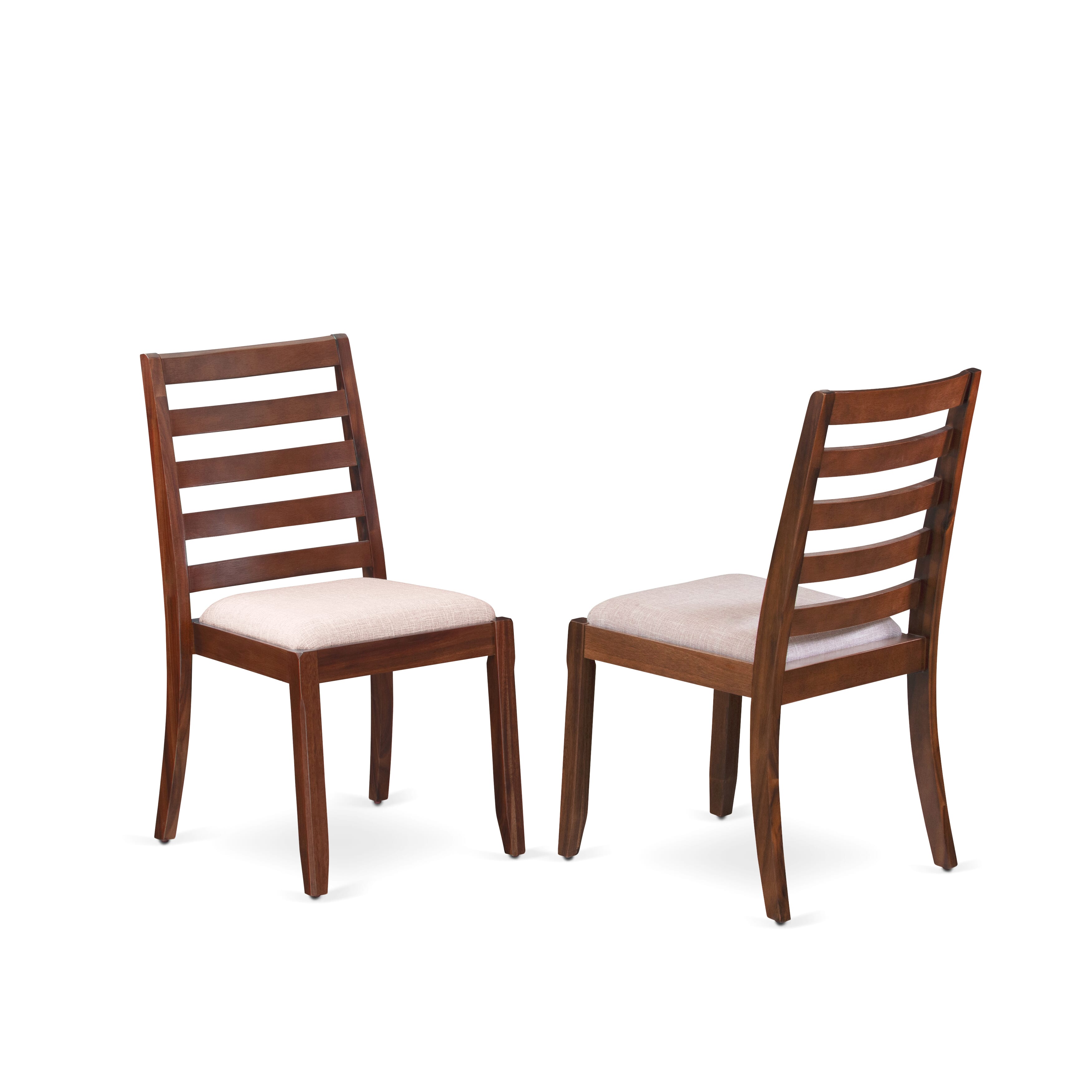 I2X17-0N-04 7-pc Dining Table Set consists of a Round Table and 6 Light Tan Linen Fabric stackable Chair, Antique Walnut Finish.
