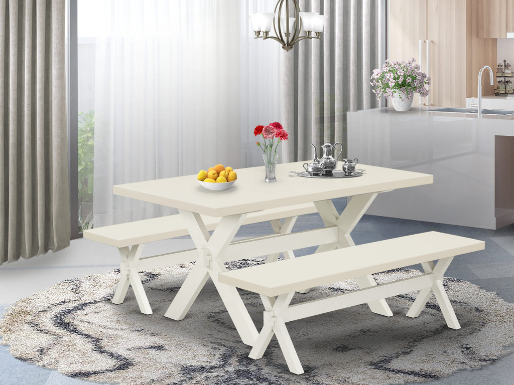 Juego de mesa de comedor de 3 piezas East West Furniture X2-026. Contiene una mesa de comedor rectangular con patas en forma de X y 2 bancos de cocina.