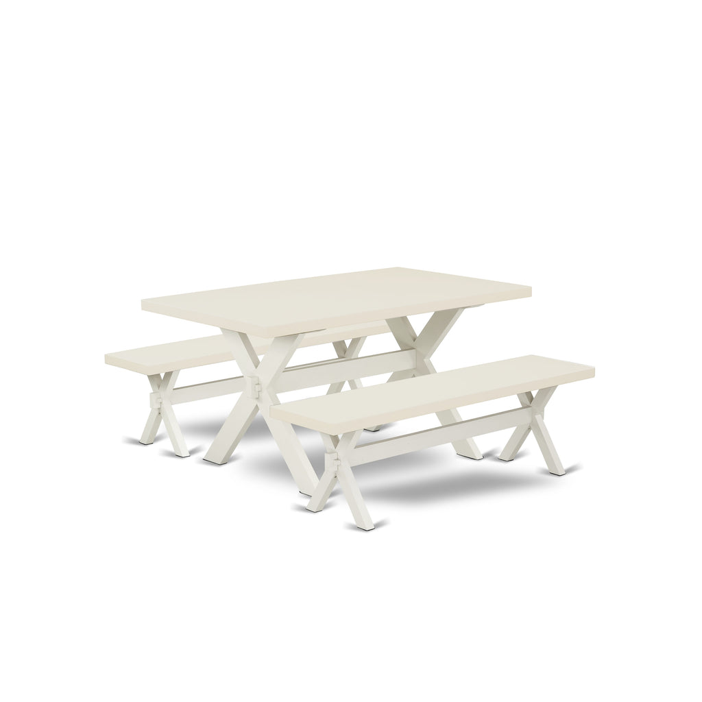 Juego de mesa de comedor de 3 piezas East West Furniture X2-026. Contiene una mesa de comedor rectangular con patas en forma de X y 2 bancos de cocina.