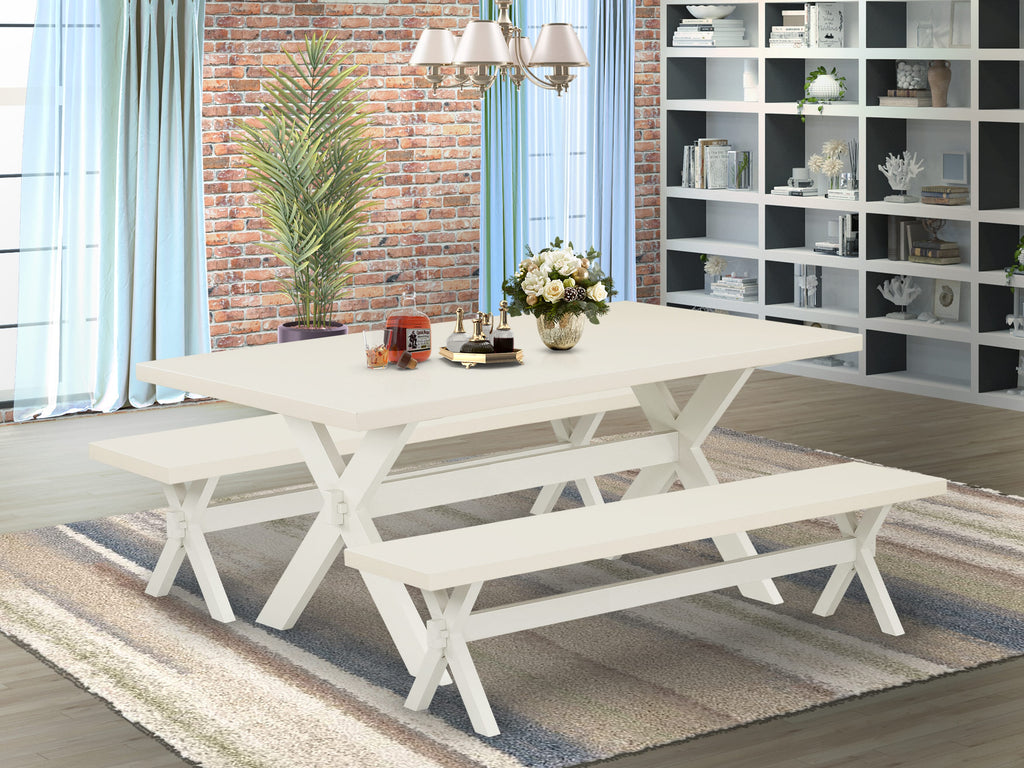 East West Furniture X2-027 3 Piece Dinette Set - 1 Dining Room Table and 2 Dining Table Benches - Reliable and Sturdy Construction - linen white Table top and linen white base Finish