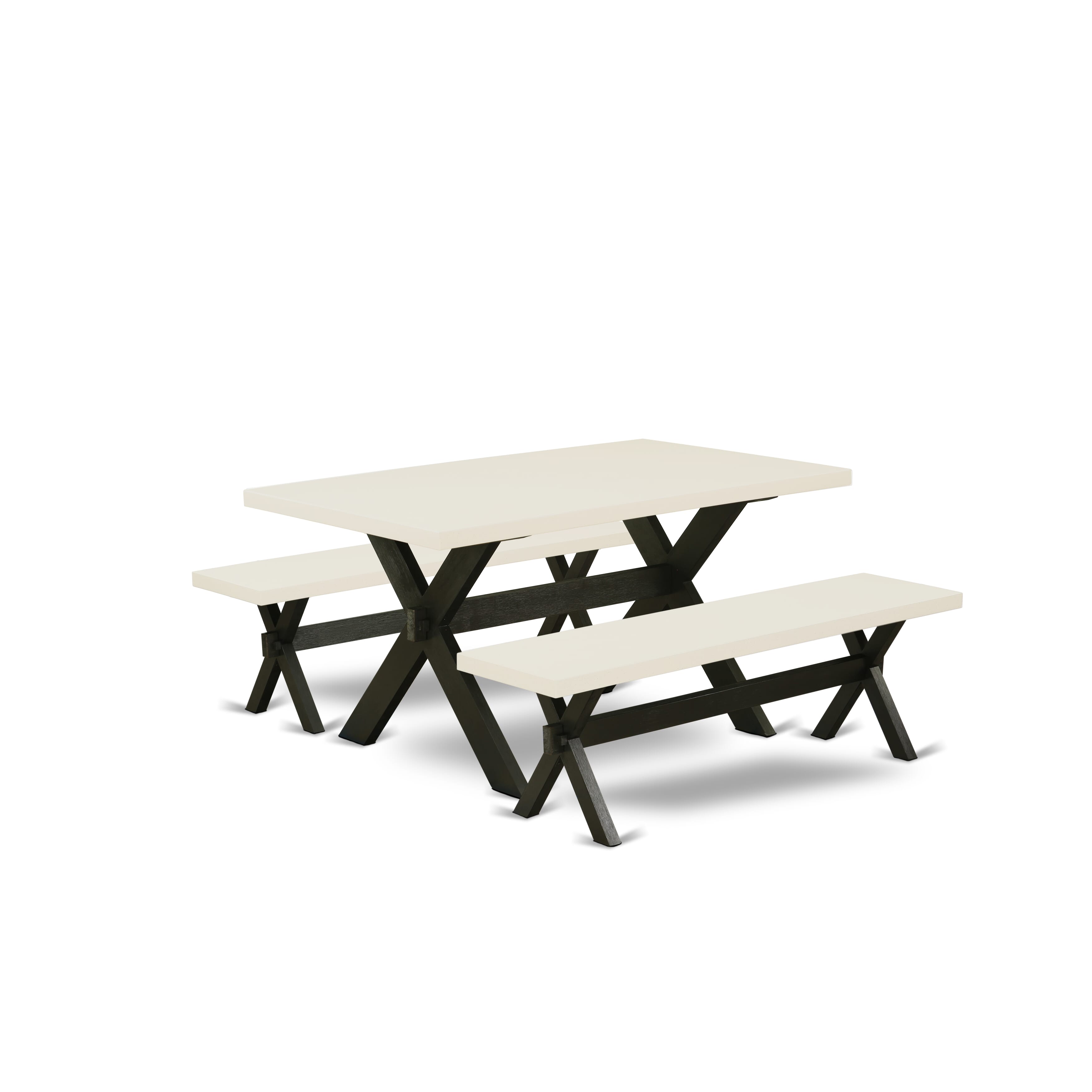 East West Furniture X2-626 3 Piece Kitchen Set - 1 Dining Room Table and 2 Modern Benches - Stable and Sturdy Constructed - linen white Table top and Wire Brushed Black base Finish