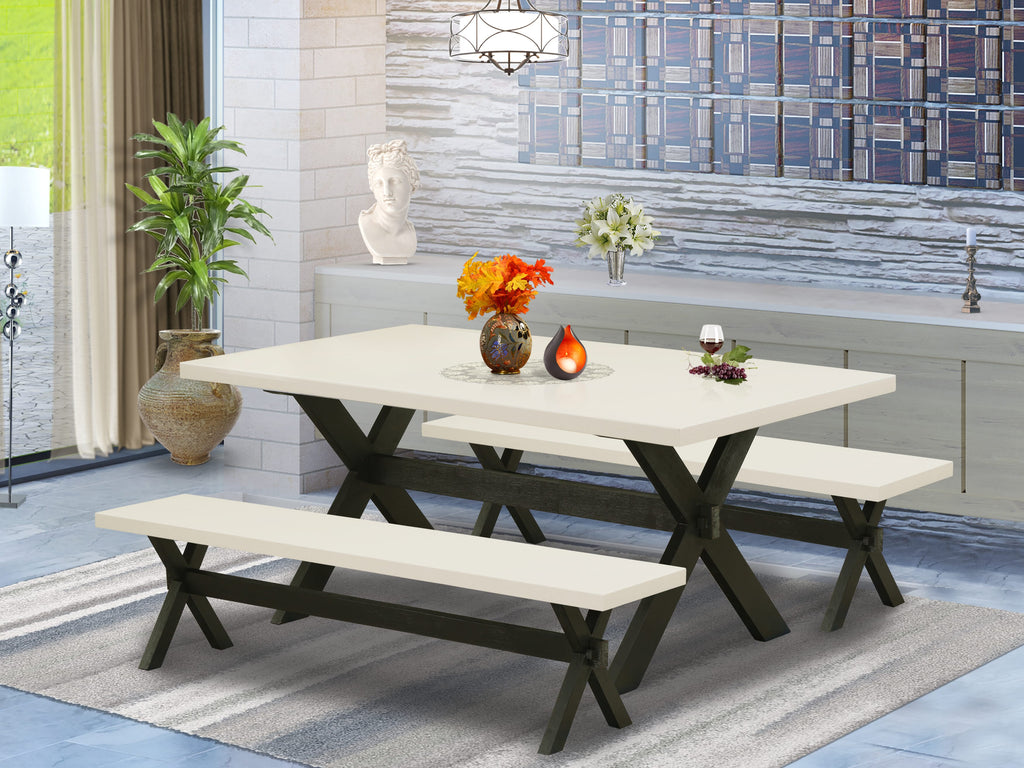 Juego de muebles de comedor de 3 piezas East West Furniture X2-627. Contiene una mesa de cocina rectangular con patas en forma de X y 2 bancos de comedor.