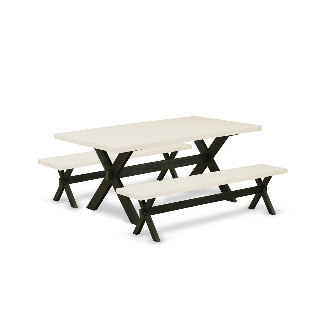 Juego de muebles de comedor de 3 piezas East West Furniture X2-627. Contiene una mesa de cocina rectangular con patas en forma de X y 2 bancos de comedor.