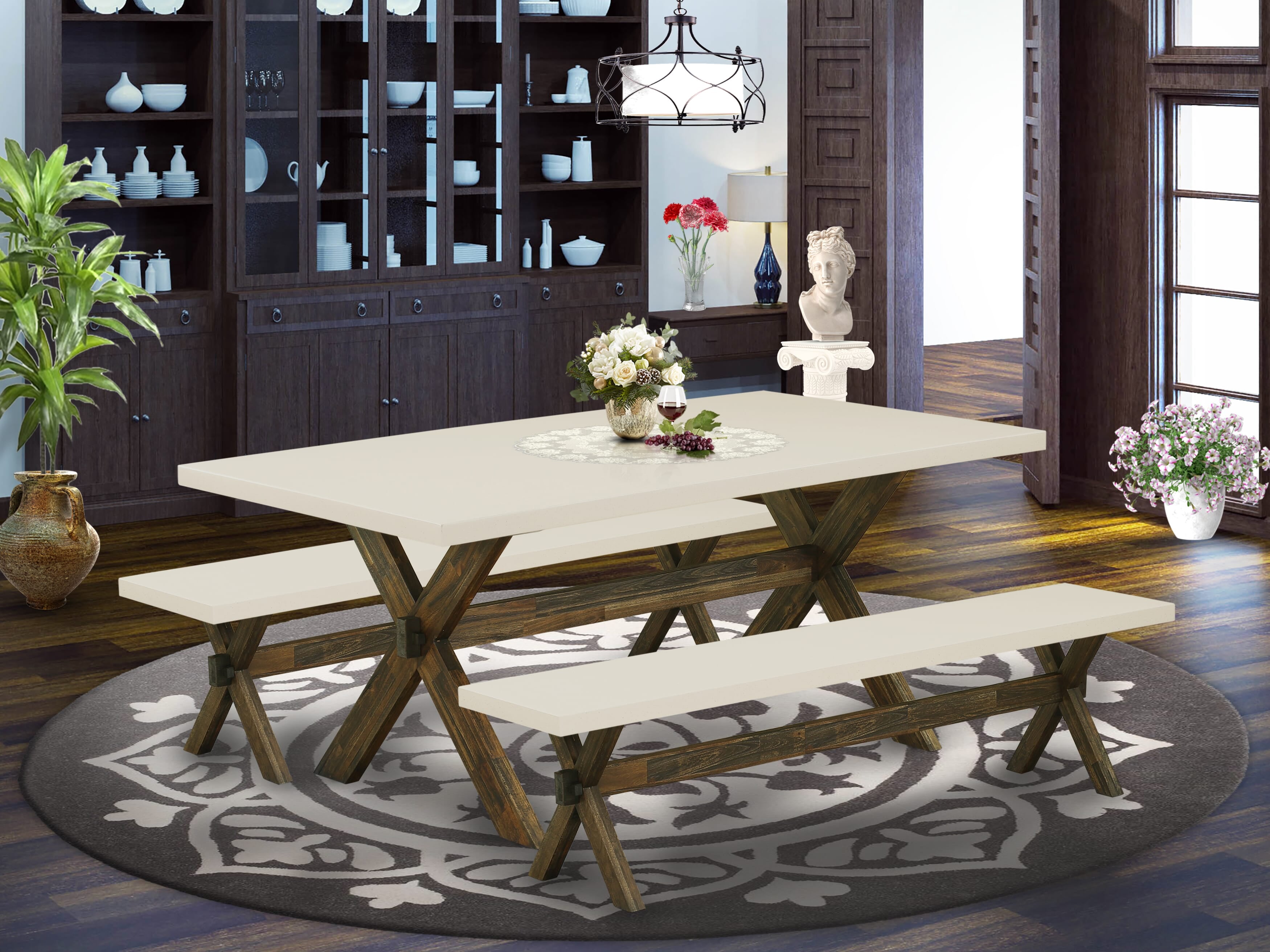 East West Furniture X2-727 3 Piece Modern Dining Table Set - 1 Dinning Table and 2 Dining Room Bench - Stable and Sturdy Construction - linen white Table top and Distressed Jacobean base Finish