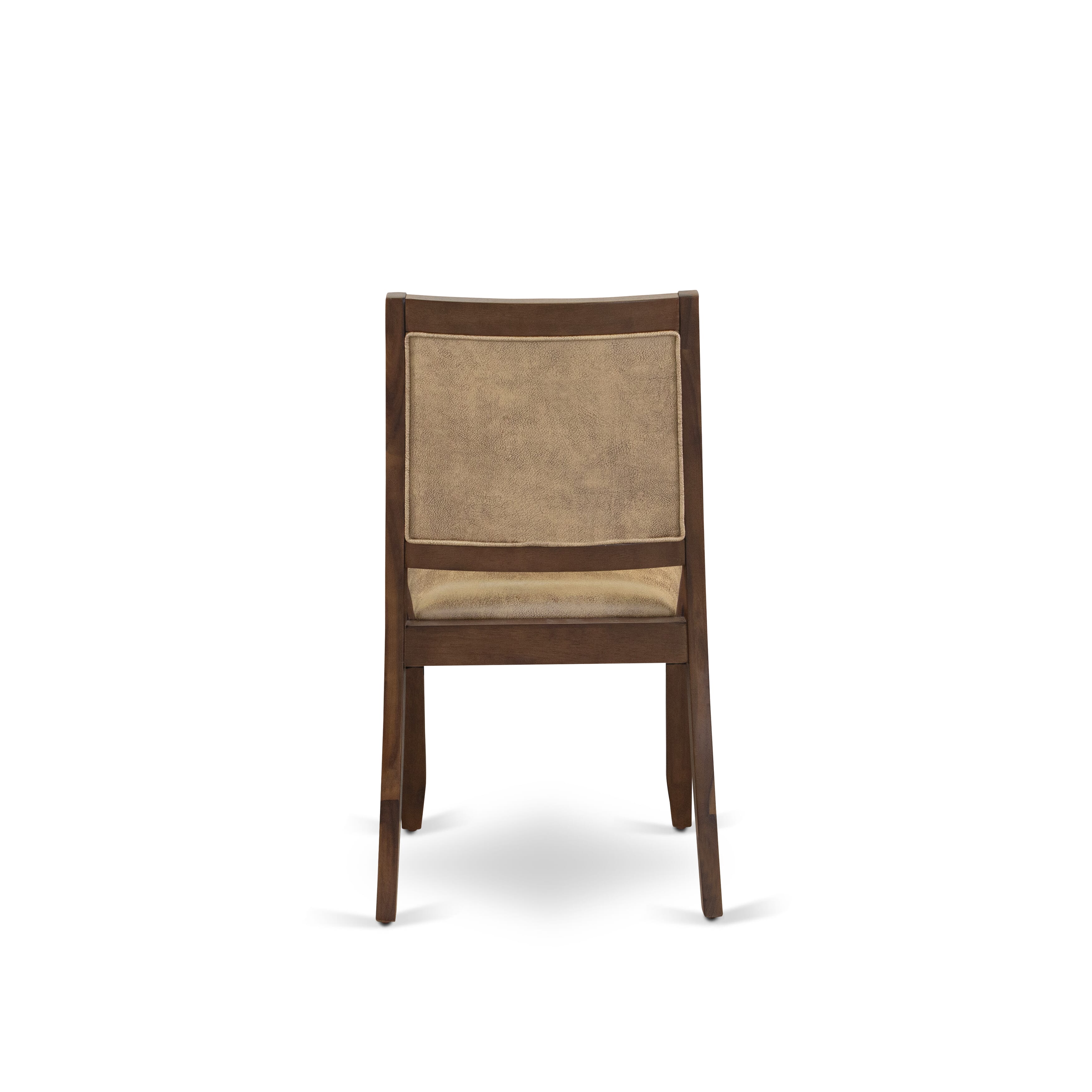 HBX25-AWA-28 5-pc Dining Table set consists of a Round Table and 4 Brown Texture Leather stackable Chair, Antique Walnut Finish.