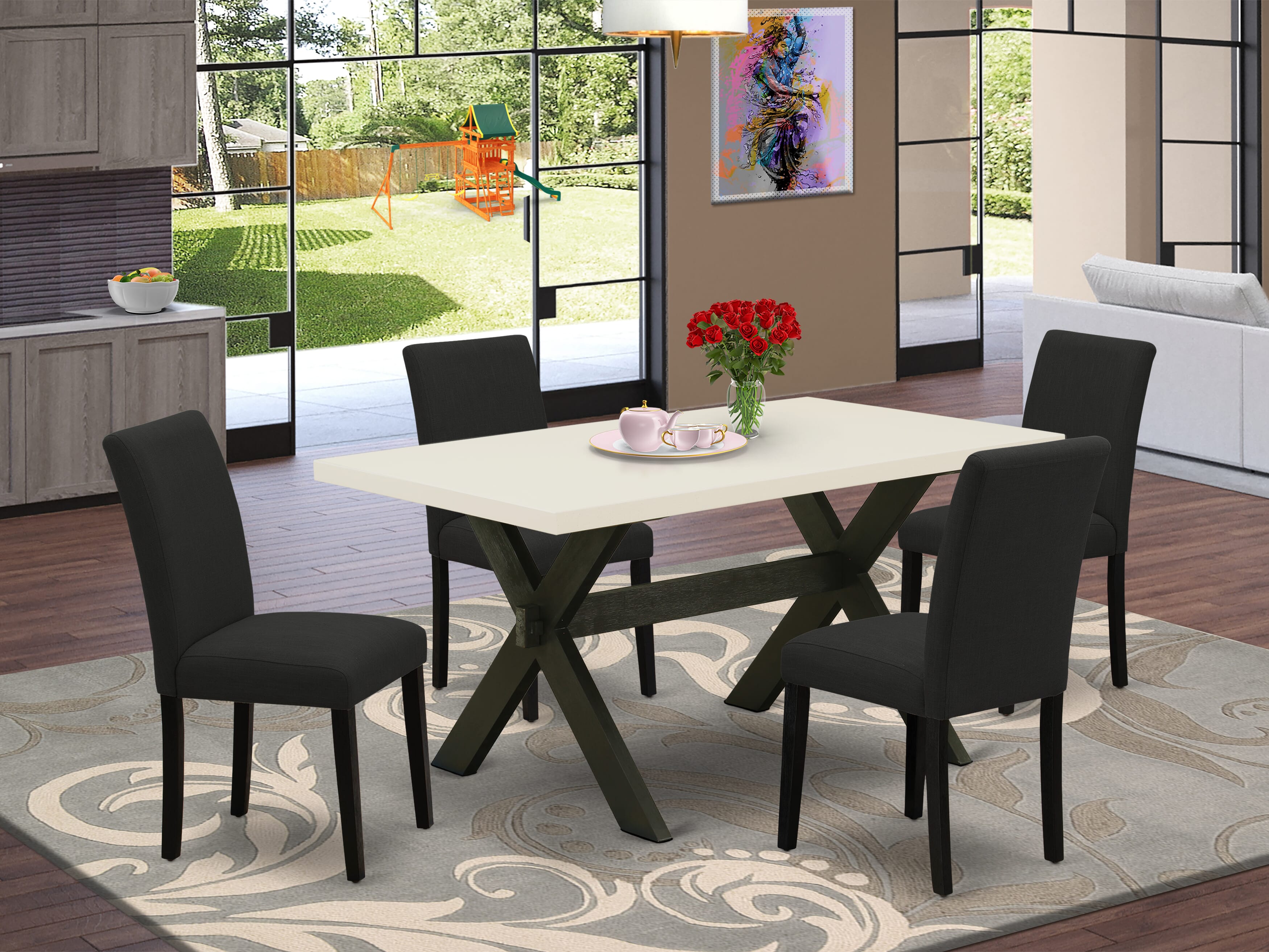 East West Furniture 5-Piece Dining Room Set Includes 4 Kitchen Chairs with Upholstered Seat and High Back and a Rectangular Dining Room Table - Black Finish