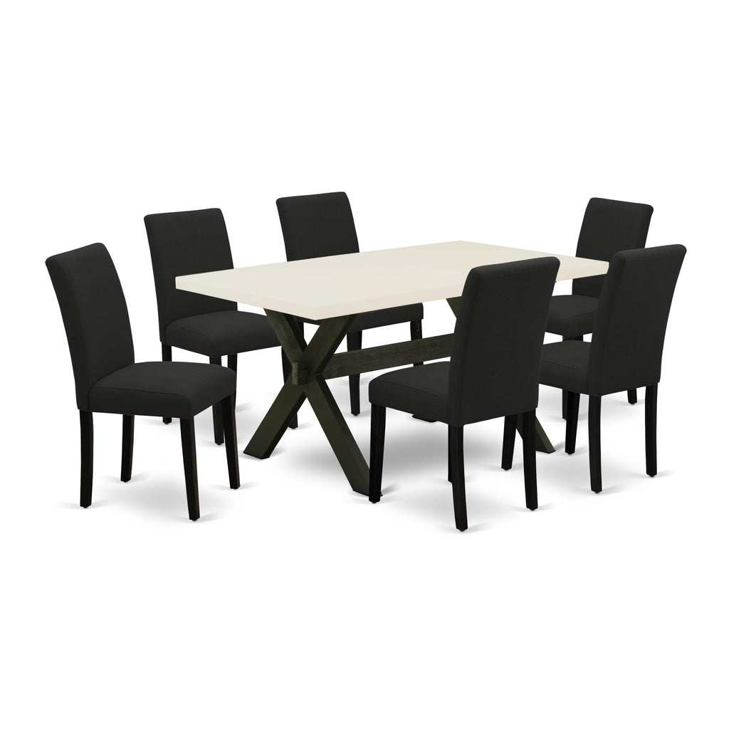 Juego de comedor East West Furniture X626AB624-7 de 7 piezas compuesto por una mesa de comedor rectangular con patas en forma de X y 6 sillas Parson tapizadas en tela de lino de color negro.