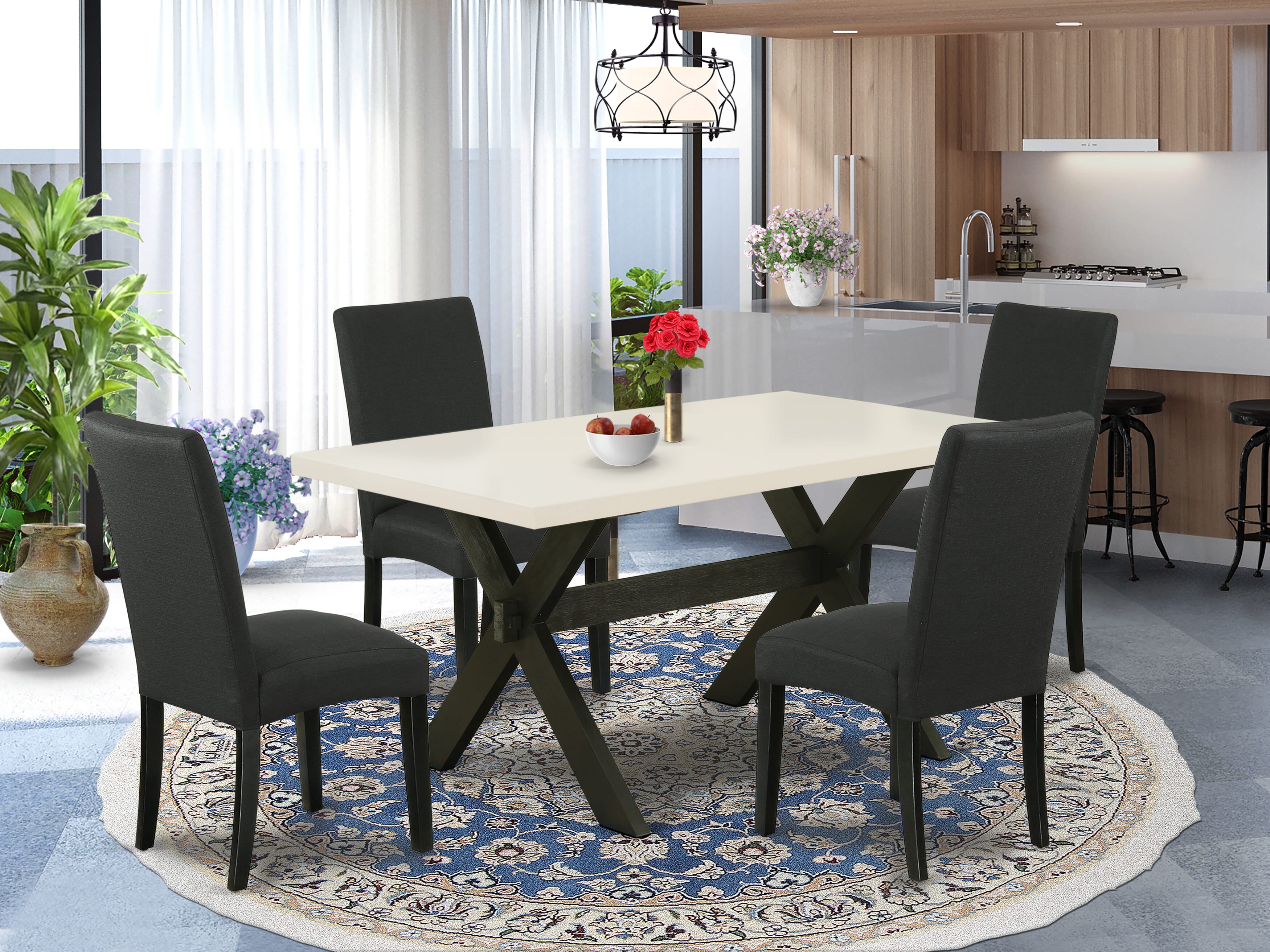 East West Furniture X626DR124-5 5-Pc Dining Table Set- 4 Parson Dining Chairs with Black Linen Fabric Seat and Stylish Chair Back � Dining Room Table (linen white Finish)