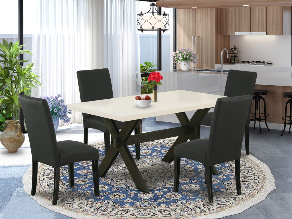 Juego de comedor de 5 piezas East West Furniture X626DR124-5. Incluye una mesa de comedor rectangular con patas en forma de X y 4 sillas tapizadas en tela de lino de color negro.