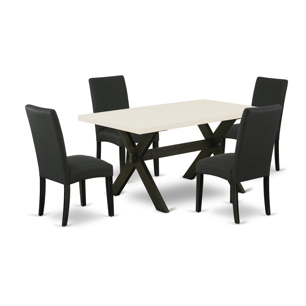 Juego de comedor de 5 piezas East West Furniture X626DR124-5. Incluye una mesa de comedor rectangular con patas en forma de X y 4 sillas tapizadas en tela de lino de color negro.