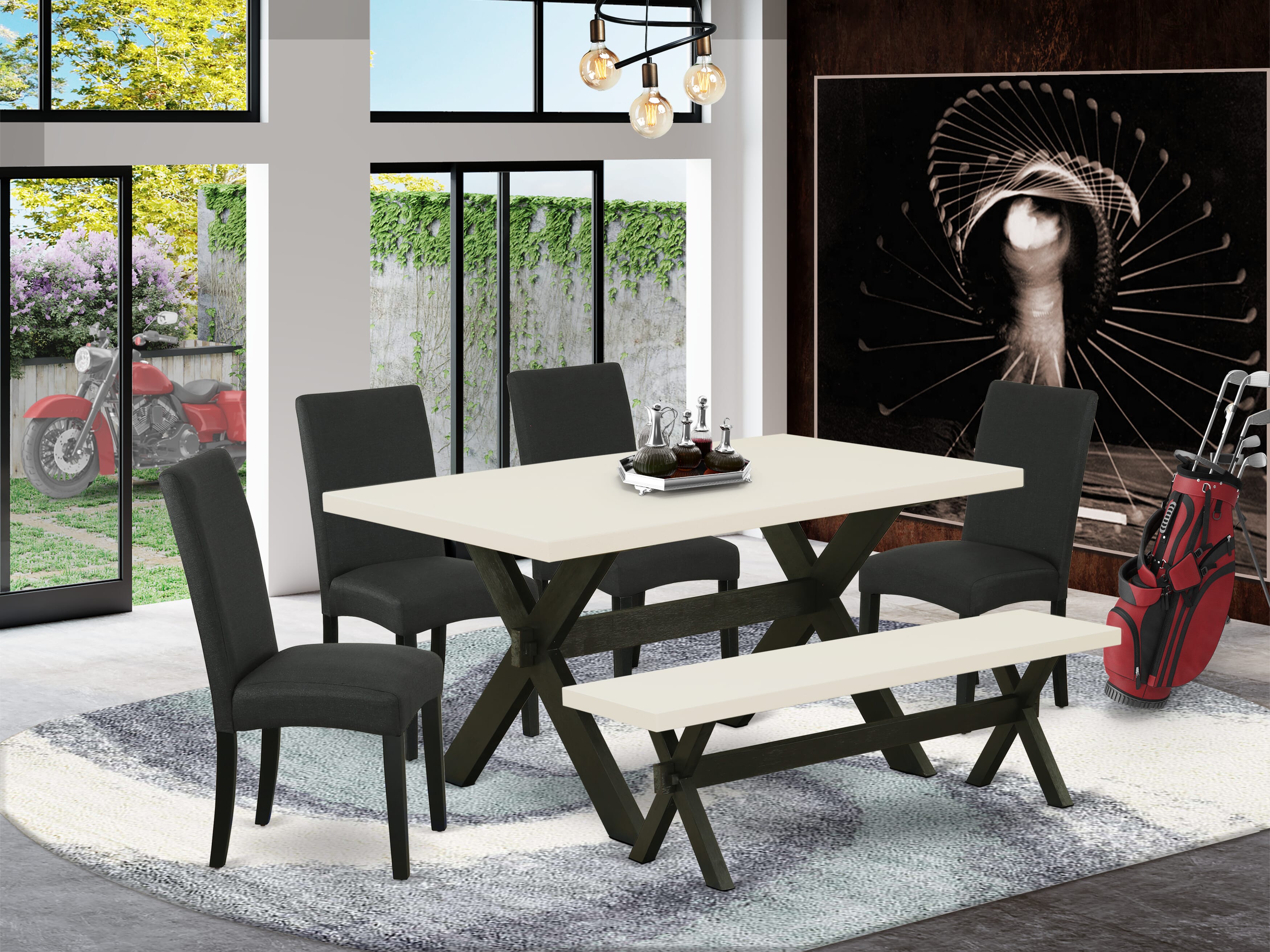 East West Furniture X626DR124-6 6-Pc Dinette Room Set- 4 Parson Dining Chairs with Black Linen Fabric Seat and Stylish Chair Back - Rectangular top & Wooden Cross Legs Dining Table and Wooden Dining Bench - linen white and Black Finish