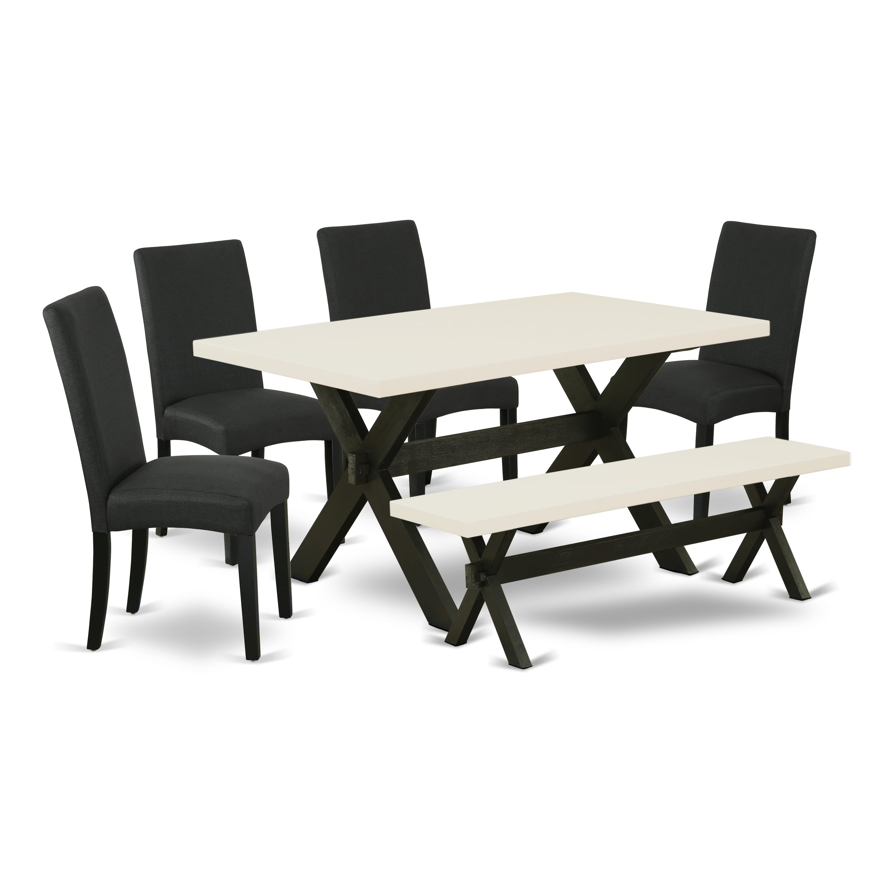 East West Furniture X626DR124-6 6-Pc Dinette Room Set- 4 Parson Dining Chairs with Black Linen Fabric Seat and Stylish Chair Back - Rectangular top & Wooden Cross Legs Dining Table and Wooden Dining Bench - linen white and Black Finish