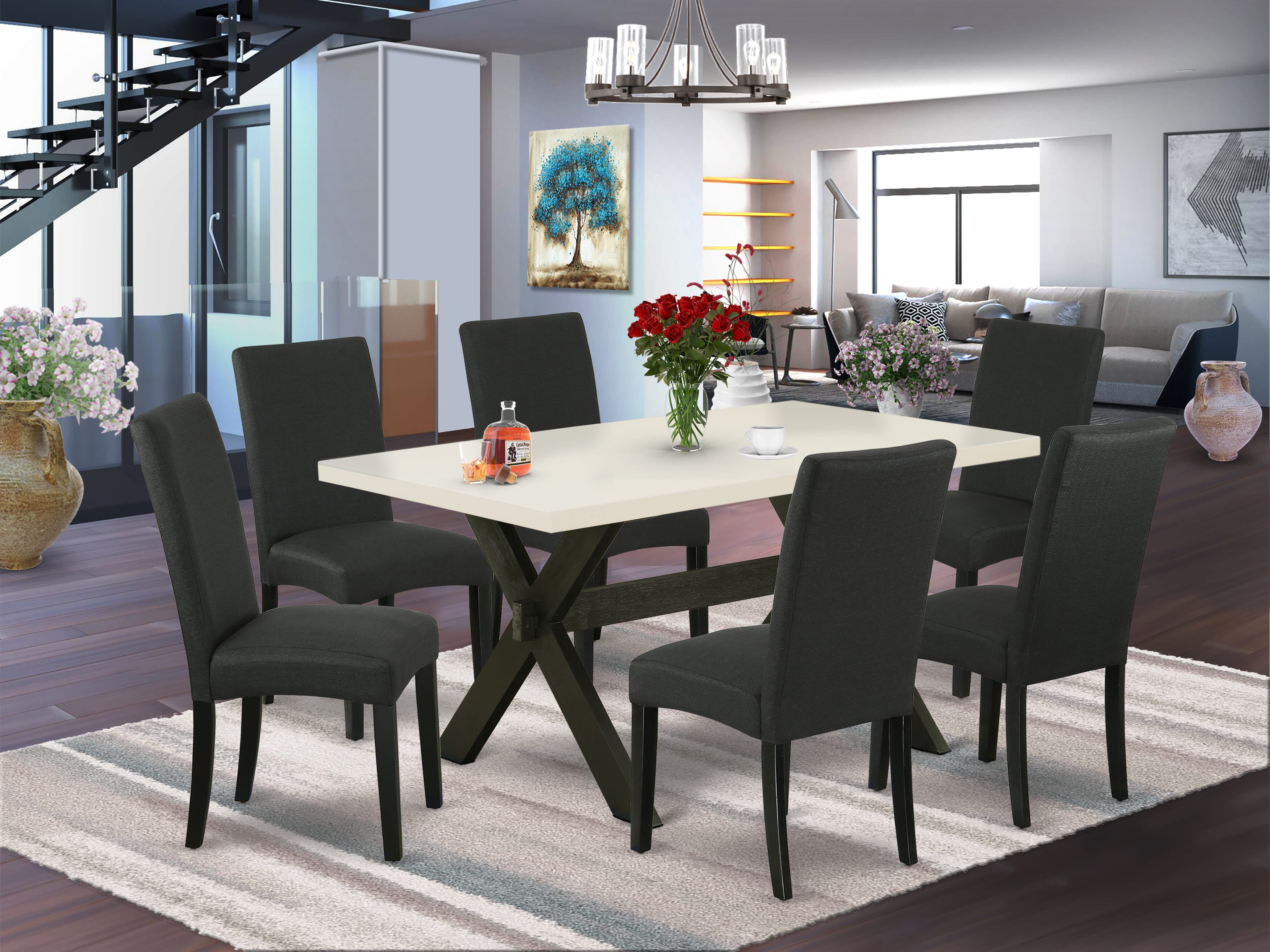 East West Furniture X626DR124-7 7-Piece Dining Room Table Set- 6 Dining Chair with Black Linen Fabric Seat and Stylish Chair Back - Rectangular Table top & Wooden Cross Legs - linen white and Black Finish