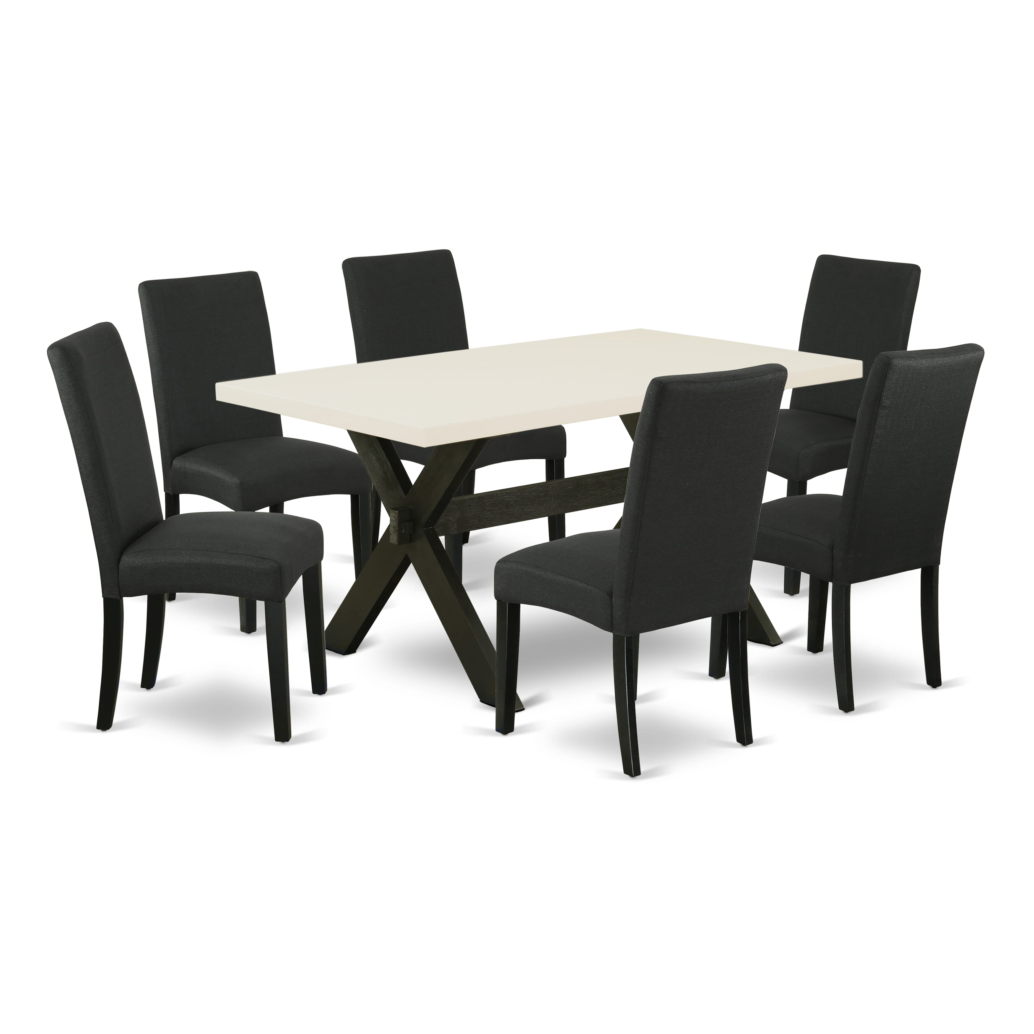 East West Furniture X626DR124-7 7-Piece Dining Room Table Set- 6 Dining Chair with Black Linen Fabric Seat and Stylish Chair Back - Rectangular Table top & Wooden Cross Legs - linen white and Black Finish