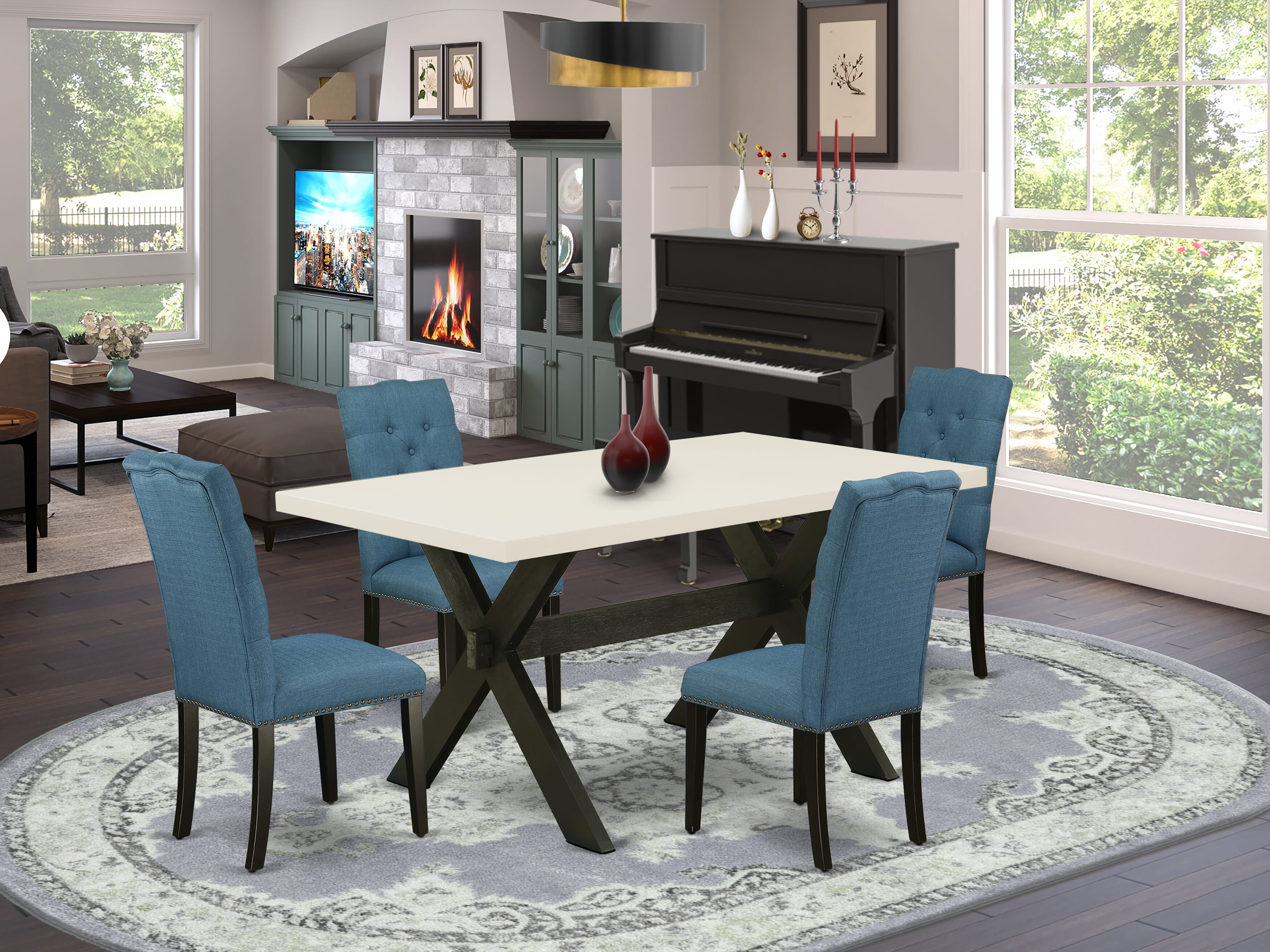 East West Furniture X626EL121-5 5-Piece Dinette Set with Wood Dining Table - 4 Linen Fabric Kitchen Chairs (Wire Brushed Black Finish)