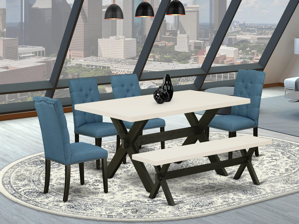 Juego de comedor de 6 piezas East West Furniture X626EL121-6. Contiene una mesa de comedor rectangular con patas en forma de X y 4 sillas Parson de tela de lino azul con un banco.