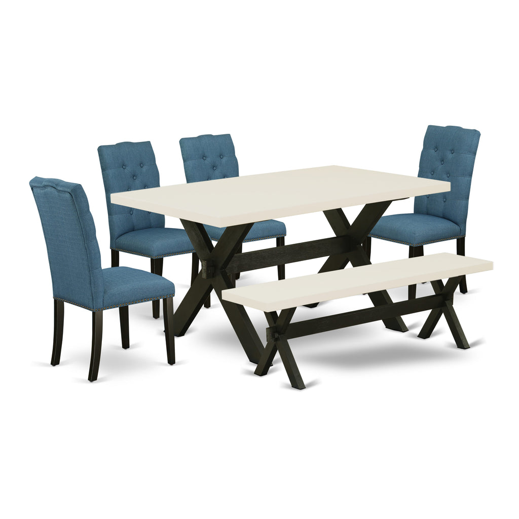 Juego de comedor de 6 piezas East West Furniture X626EL121-6. Contiene una mesa de comedor rectangular con patas en forma de X y 4 sillas Parson de tela de lino azul con un banco.
