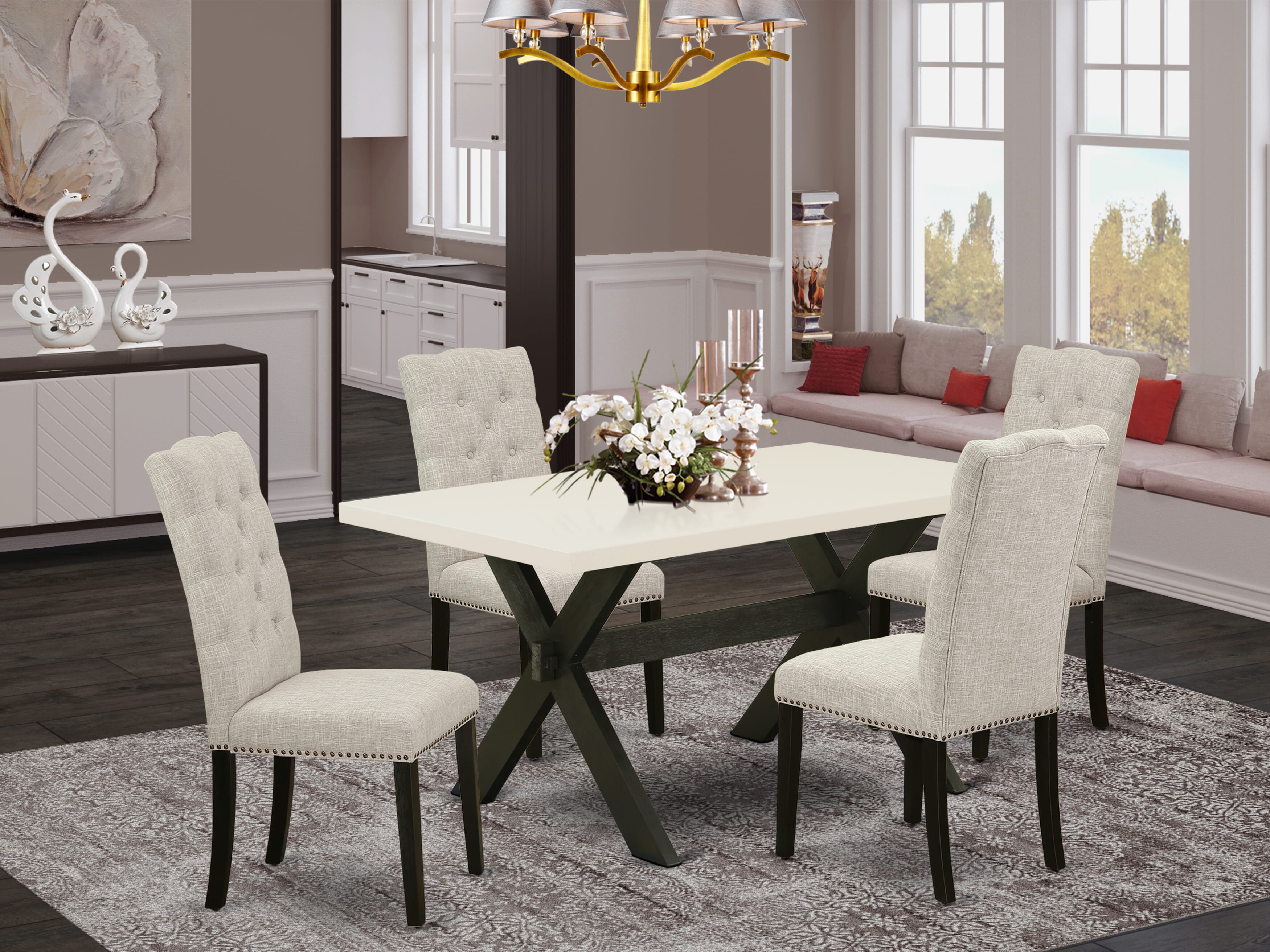 East West Furniture X626EL635-5 5-Piece Kitchen Dinette SetIncluded 4 Parson chairs Upholstered Nails Head Seat and High Button Tufted Chair Back and Rectangular Mid Century Dining Table with linen white Dining Table top (Black Finish)