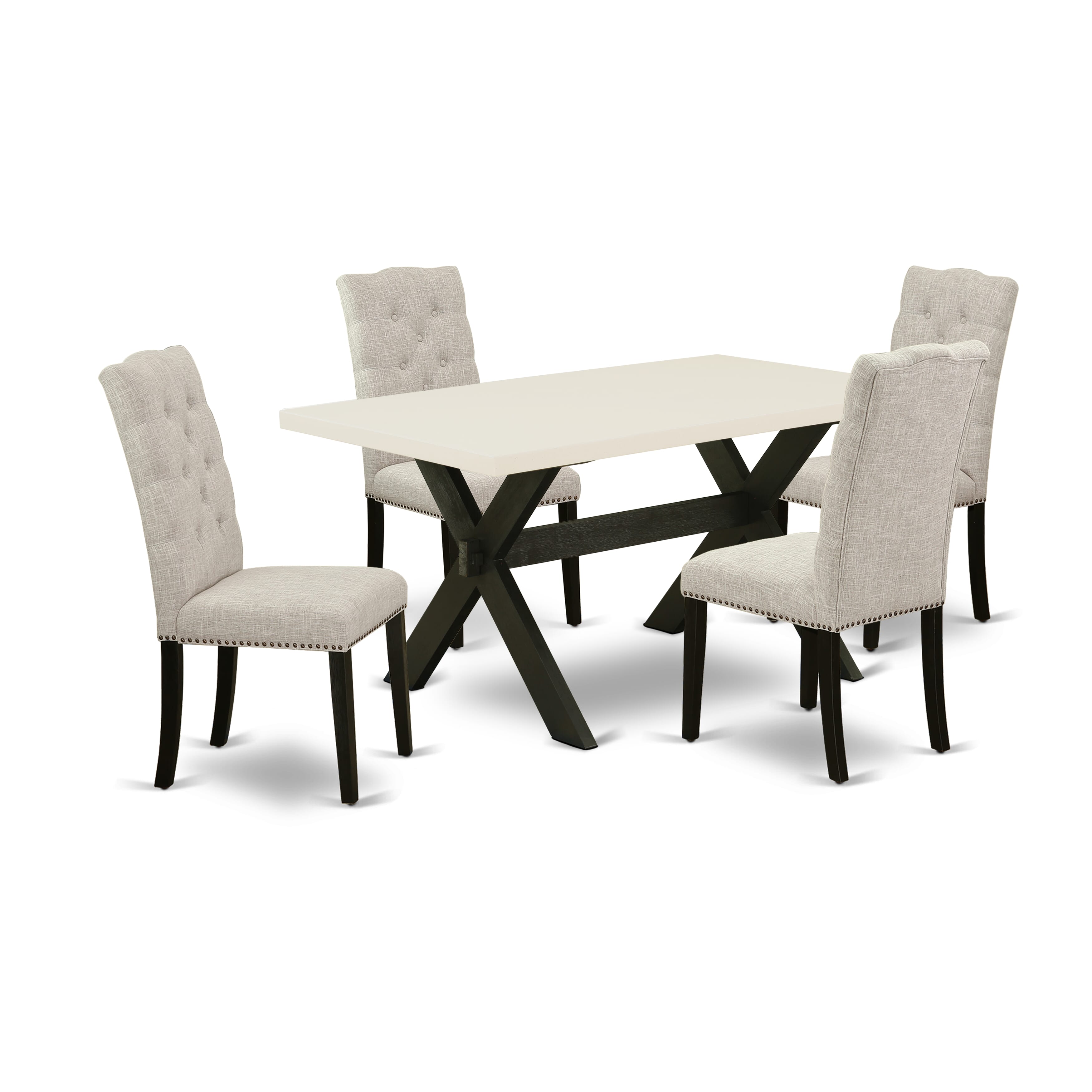 East West Furniture X626EL635-5 5-Piece Kitchen Dinette SetIncluded 4 Parson chairs Upholstered Nails Head Seat and High Button Tufted Chair Back and Rectangular Mid Century Dining Table with linen white Dining Table top (Black Finish)