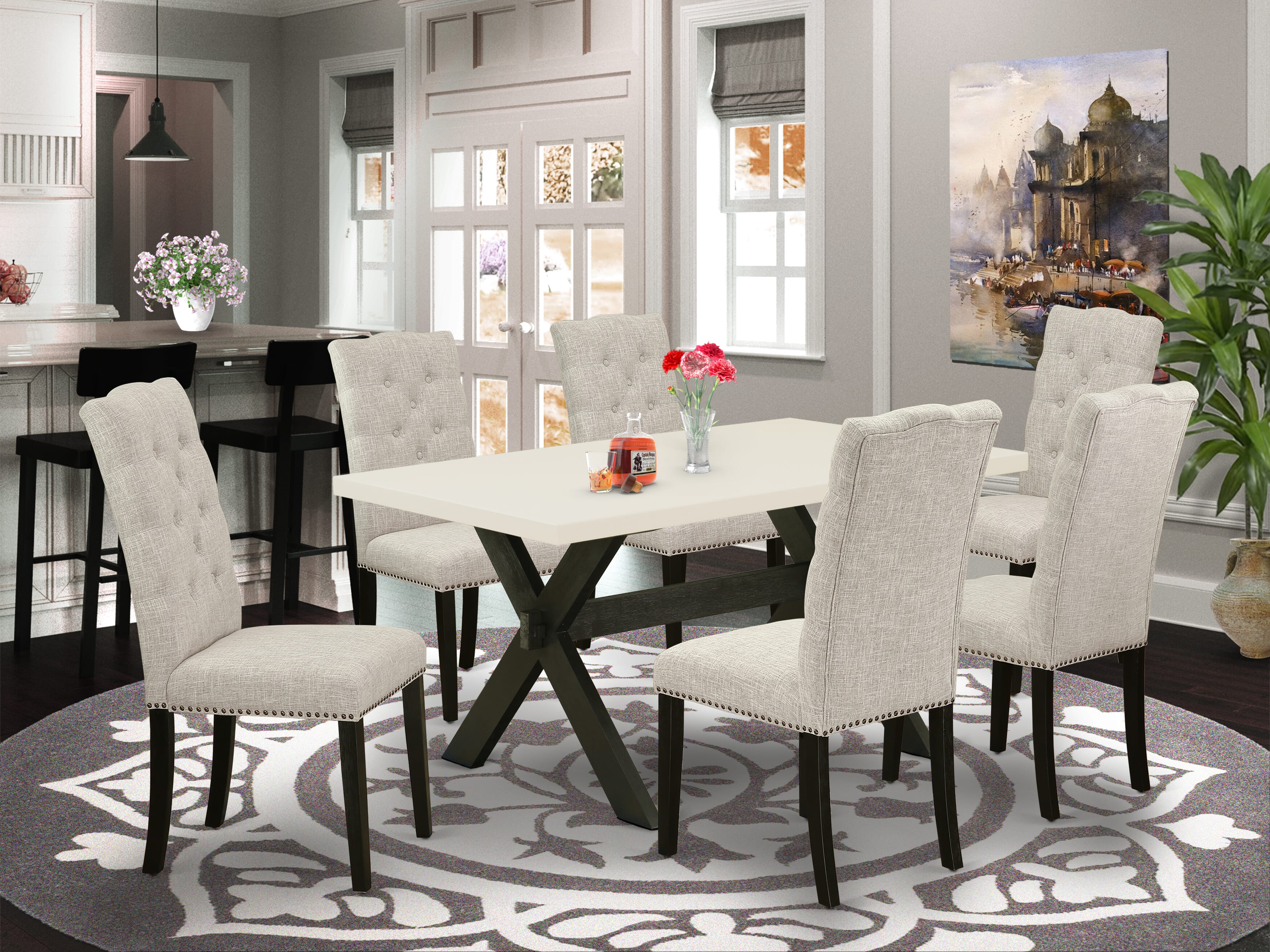East West Furniture X626EL635-7 7-Piece Dining room Table Set a beautiful linen white Dining Table top and 6 Wonderful Parson Dining chairs with Nail Heads and Button Tufted, Wire Brushed Black Finish