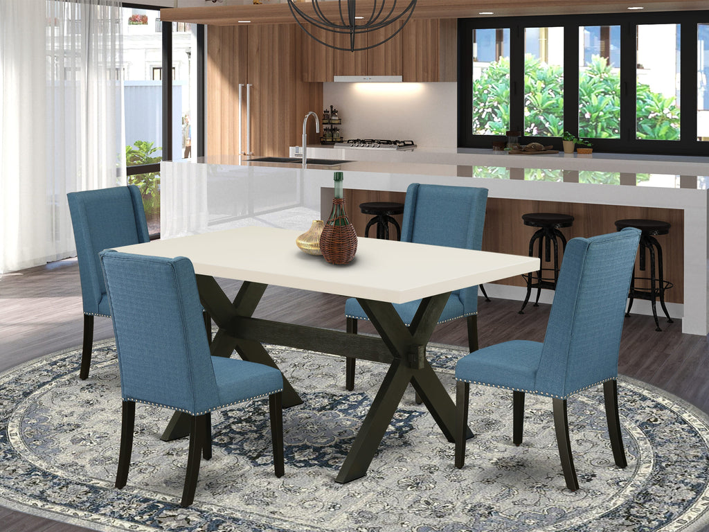 East West Furniture X626FL121-5 5 Piece Dining Table Set for 4 Includes a Rectangle Kitchen Table with X-Legs and 4 Blue Linen Fabric Parson Dining Room Chairs