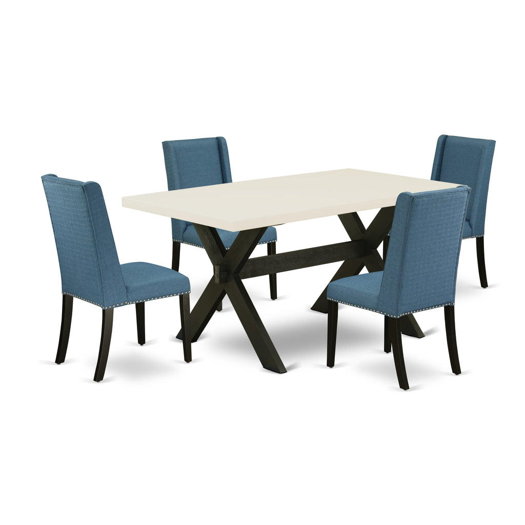 East West Furniture X626FL121-5 5 Piece Dining Table Set for 4 Includes a Rectangle Kitchen Table with X-Legs and 4 Blue Linen Fabric Parson Dining Room Chairs