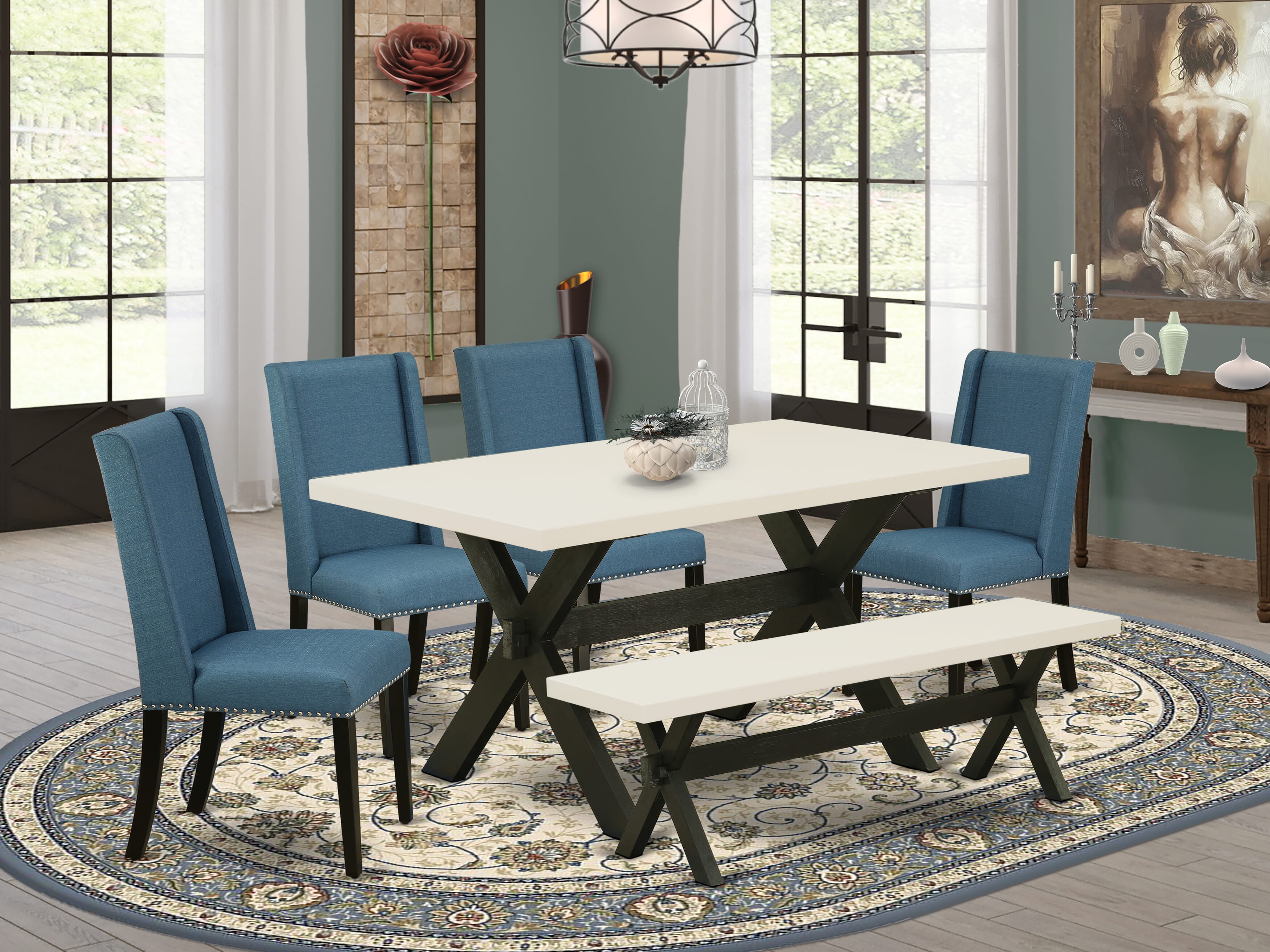 East West Furniture X626FL121-6 6-Piece Dinette Set with Dining Table and Kitchen Bench - 4 Linen Fabric Dining Chairs (Wire Brushed Black Finish)