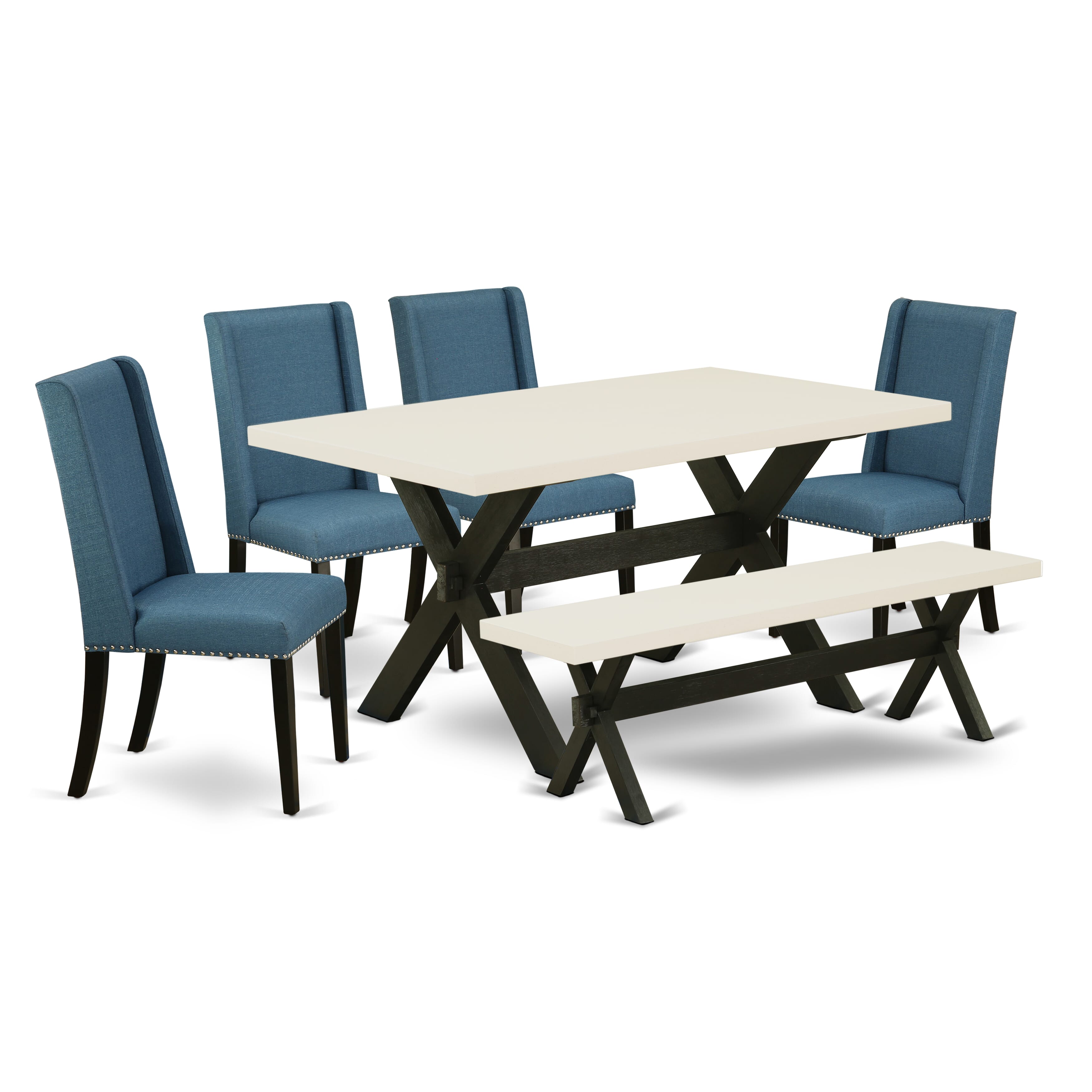 East West Furniture X626FL121-6 6-Piece Dinette Set with Dining Table and Kitchen Bench - 4 Linen Fabric Dining Chairs (Wire Brushed Black Finish)