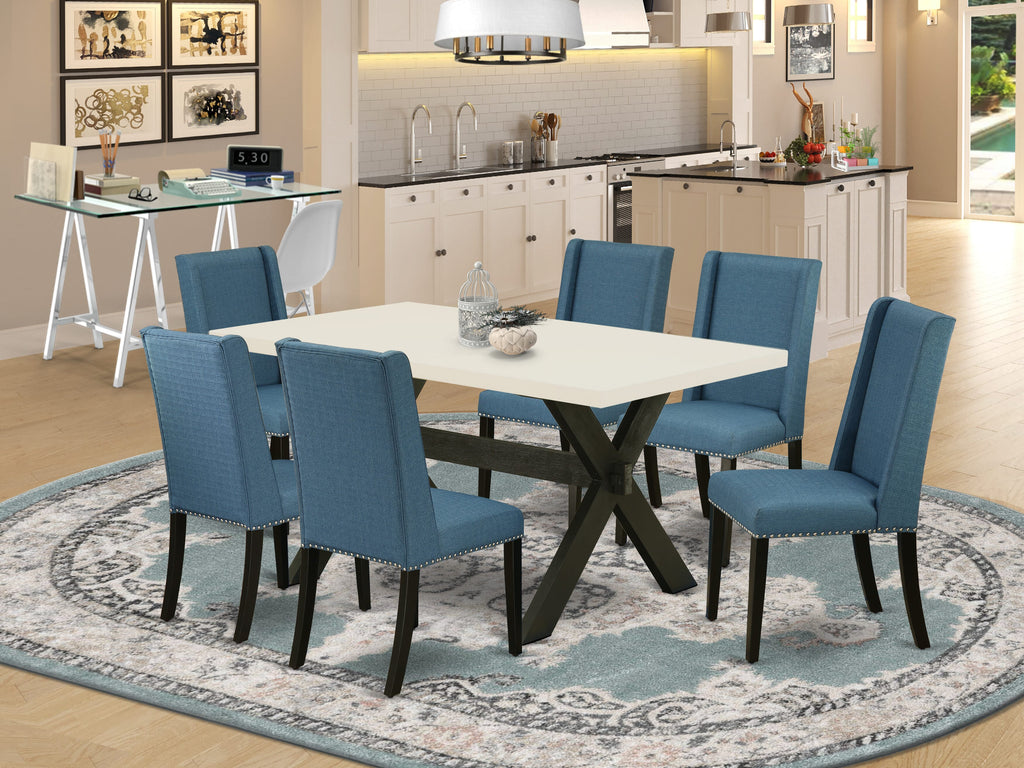 East West Furniture X626FL121-7 7 Piece Dining Room Furniture Set Consist of a Rectangle Dining Table with X-Legs and 6 Blue Linen Fabric Upholstered Chairs