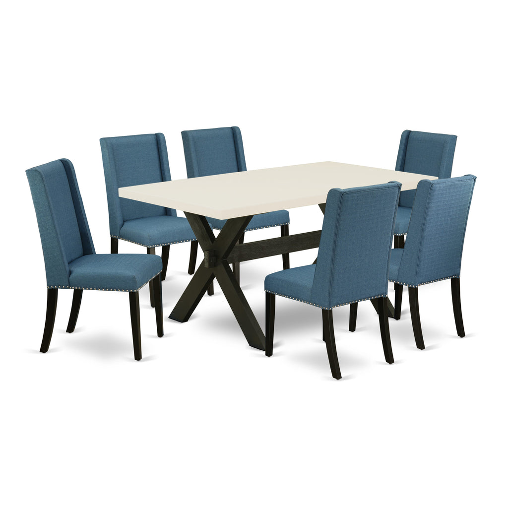 East West Furniture X626FL121-7 7 Piece Dining Room Furniture Set Consist of a Rectangle Dining Table with X-Legs and 6 Blue Linen Fabric Upholstered Chairs