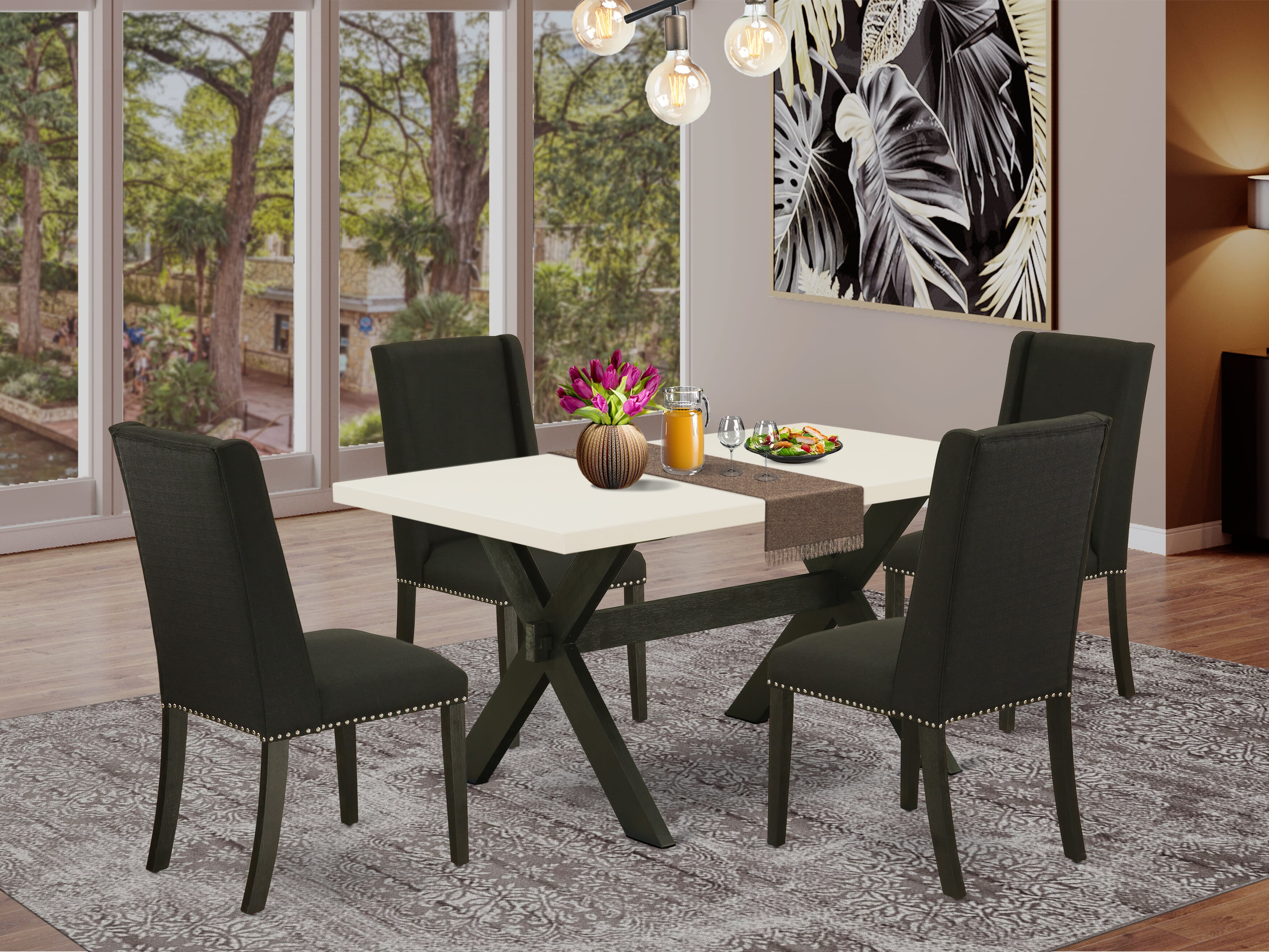 East West Furniture X626FL624-5 5-Piece Mid Century Dining Table SetIncluded 4 Dining Chairs Upholstered Nails Head Seat and Stylish Chair Back and Rectangular Table with linen white Dining Table top (Wire Brushed Black Finish)