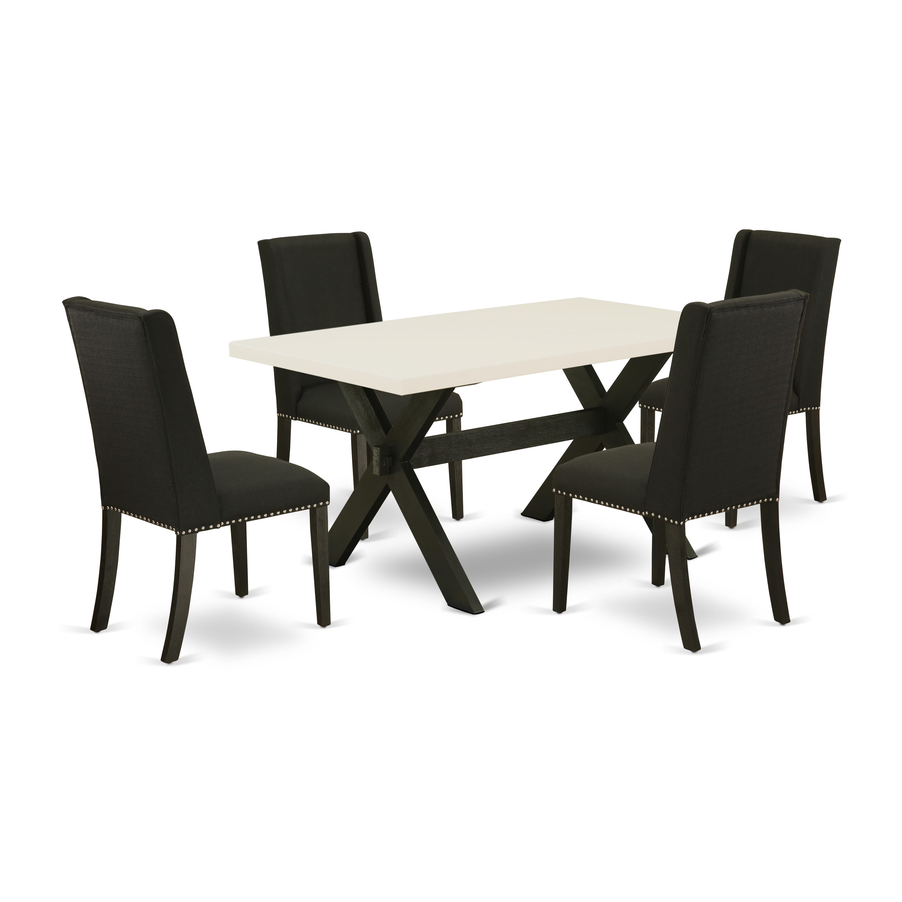 East West Furniture X626FL624-5 5-Piece Mid Century Dining Table SetIncluded 4 Dining Chairs Upholstered Nails Head Seat and Stylish Chair Back and Rectangular Table with linen white Dining Table top (Wire Brushed Black Finish)
