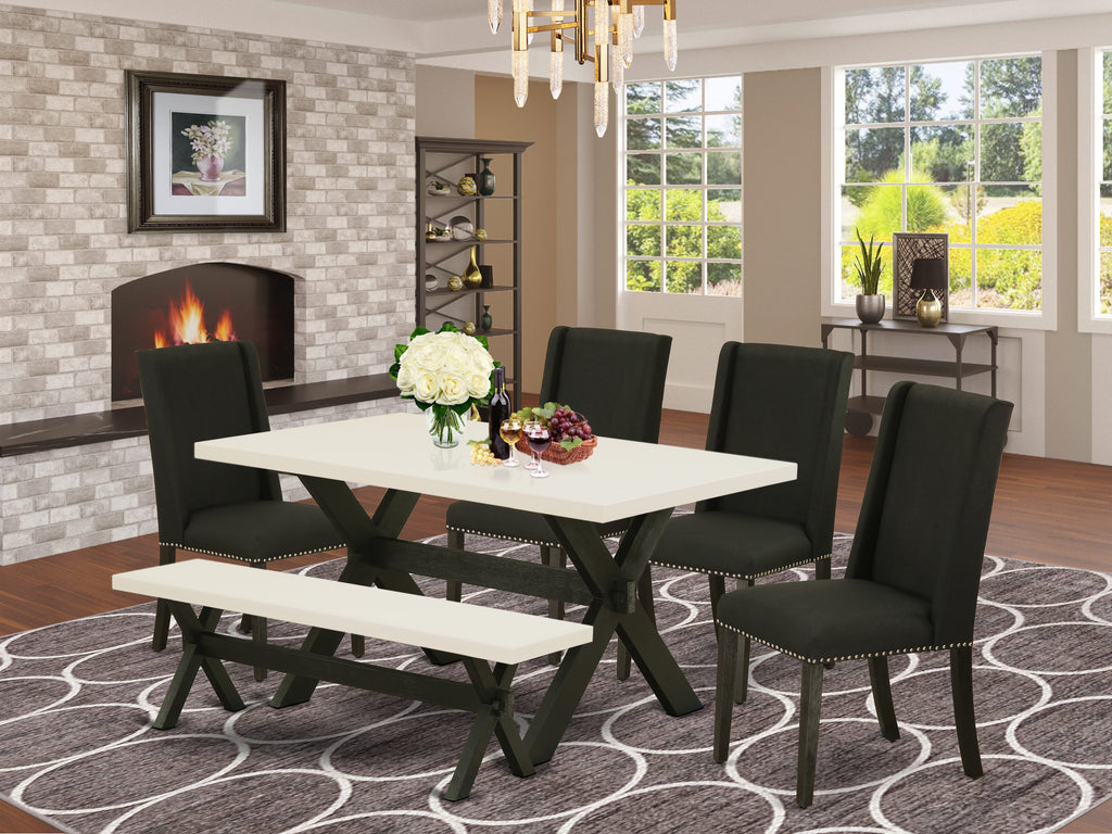 Juego de mesa de comedor de 6 piezas East West Furniture X626FL624-6. Contiene una mesa de cocina rectangular con patas en forma de X y 4 sillas tapizadas en tela de lino negro con un banco.