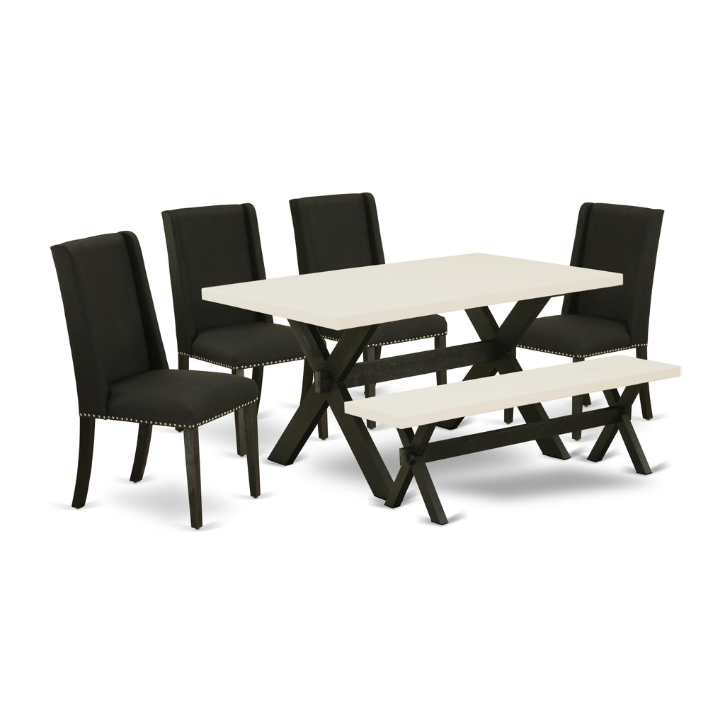Juego de mesa de comedor de 6 piezas East West Furniture X626FL624-6. Contiene una mesa de cocina rectangular con patas en forma de X y 4 sillas tapizadas en tela de lino negro con un banco.
