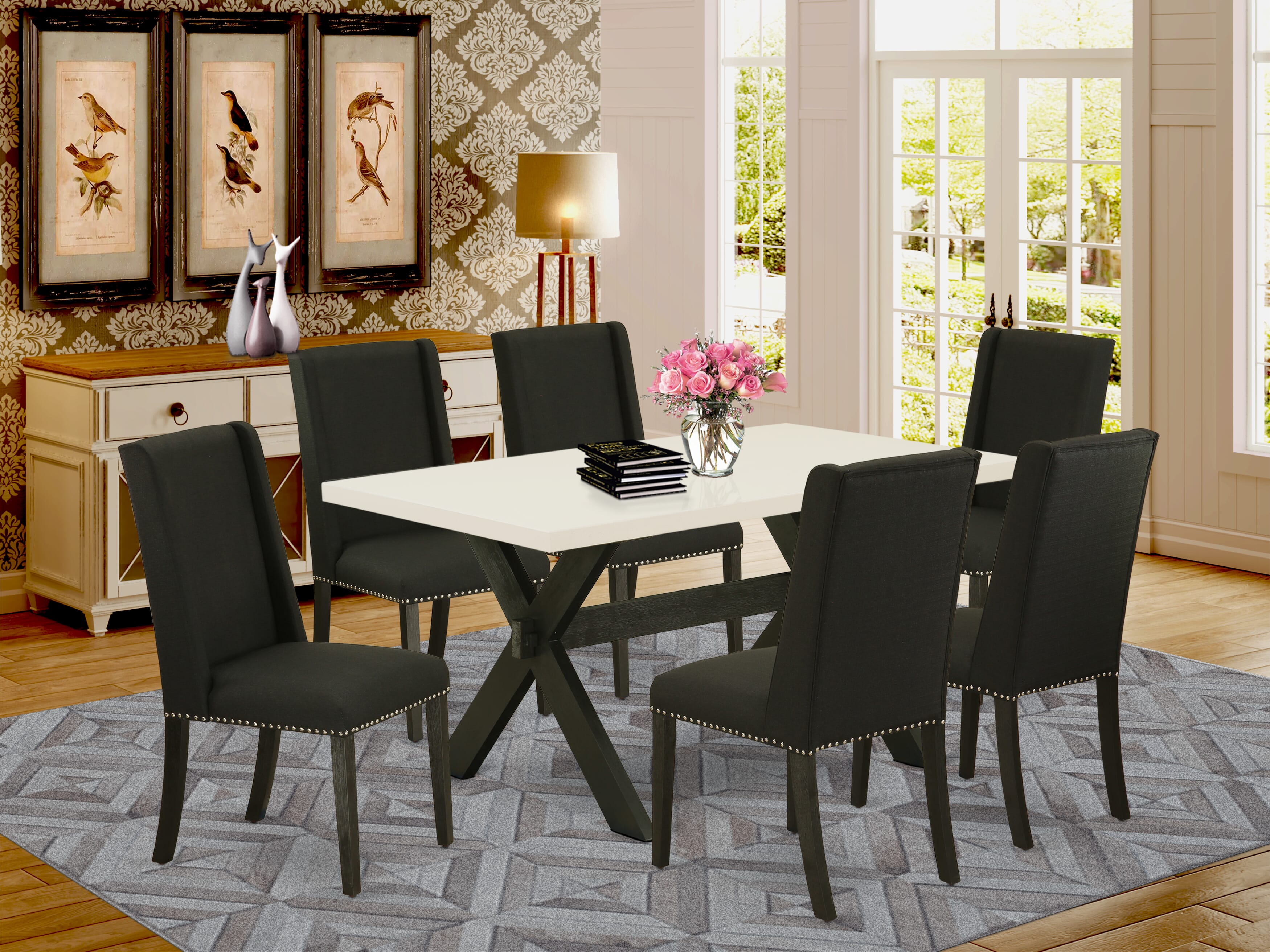 East West Furniture X626FL624-7 7-Piece modern dining table set a beautiful linen white mid century dining table top and 6 Beautiful parson dining chairs with Nail heads and High Stylish Chair Back, Wire Brushed Black Finish