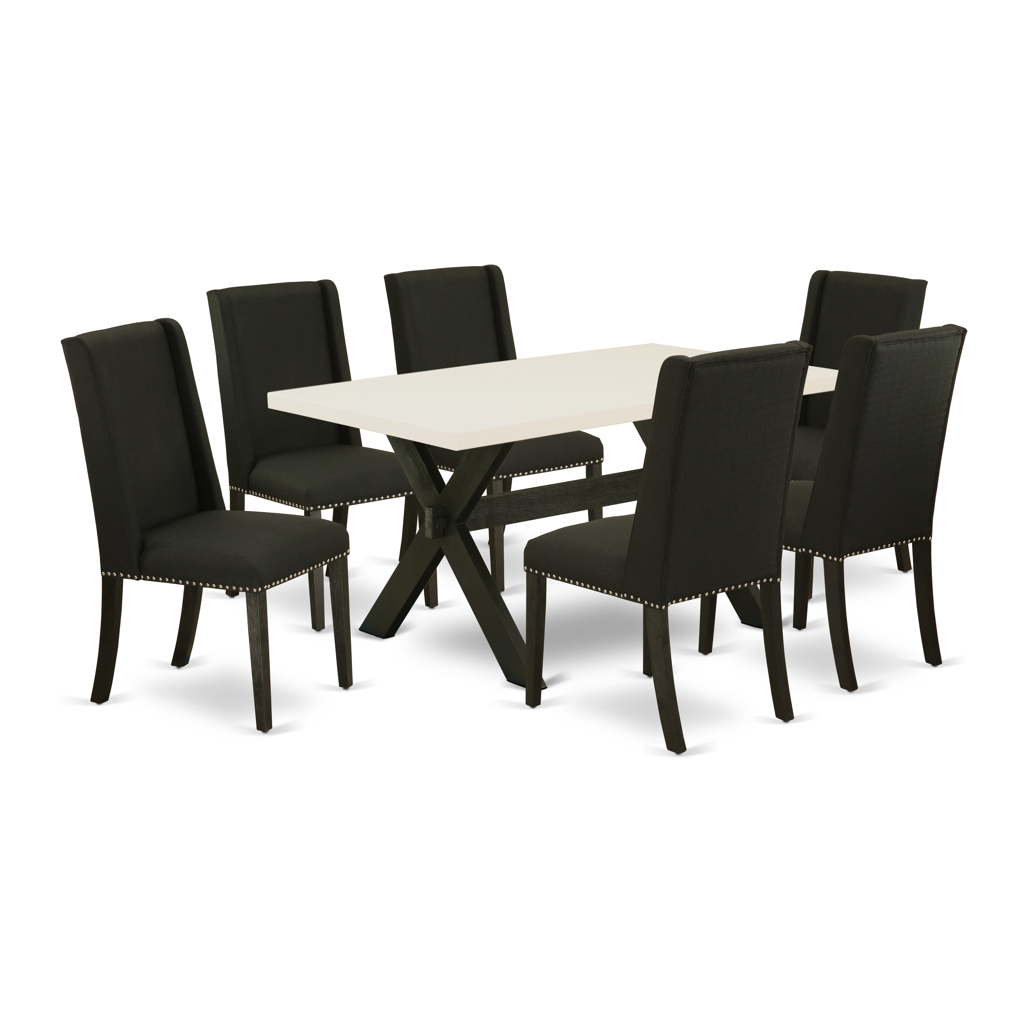 East West Furniture X626FL624-7 7-Piece modern dining table set a beautiful linen white mid century dining table top and 6 Beautiful parson dining chairs with Nail heads and High Stylish Chair Back, Wire Brushed Black Finish