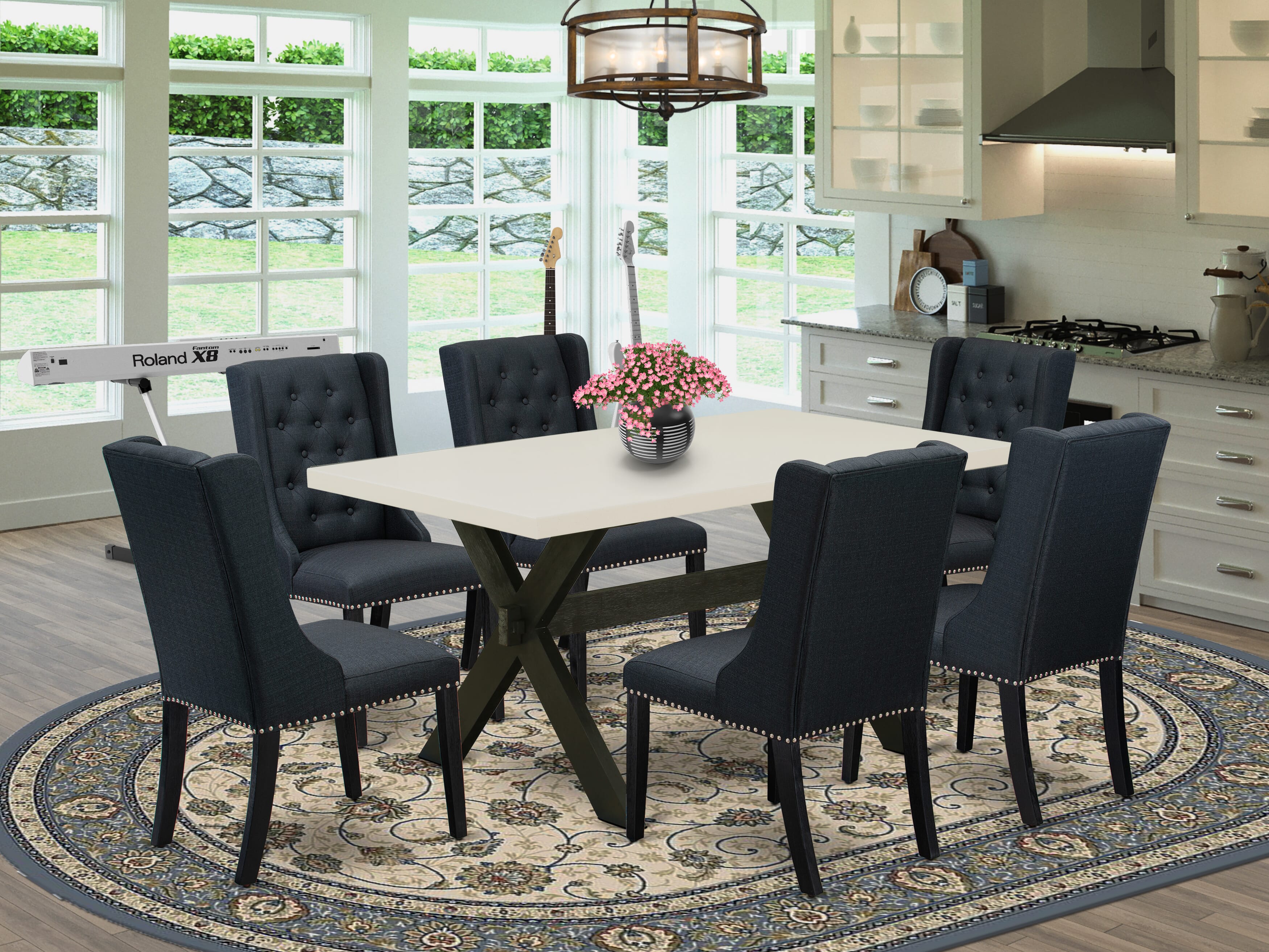 Juego de comedor East West Furniture X626FO624-7 de 7 piezas compuesto por una mesa de comedor rectangular con patas en forma de X y 6 sillas tapizadas en tela de lino negro.