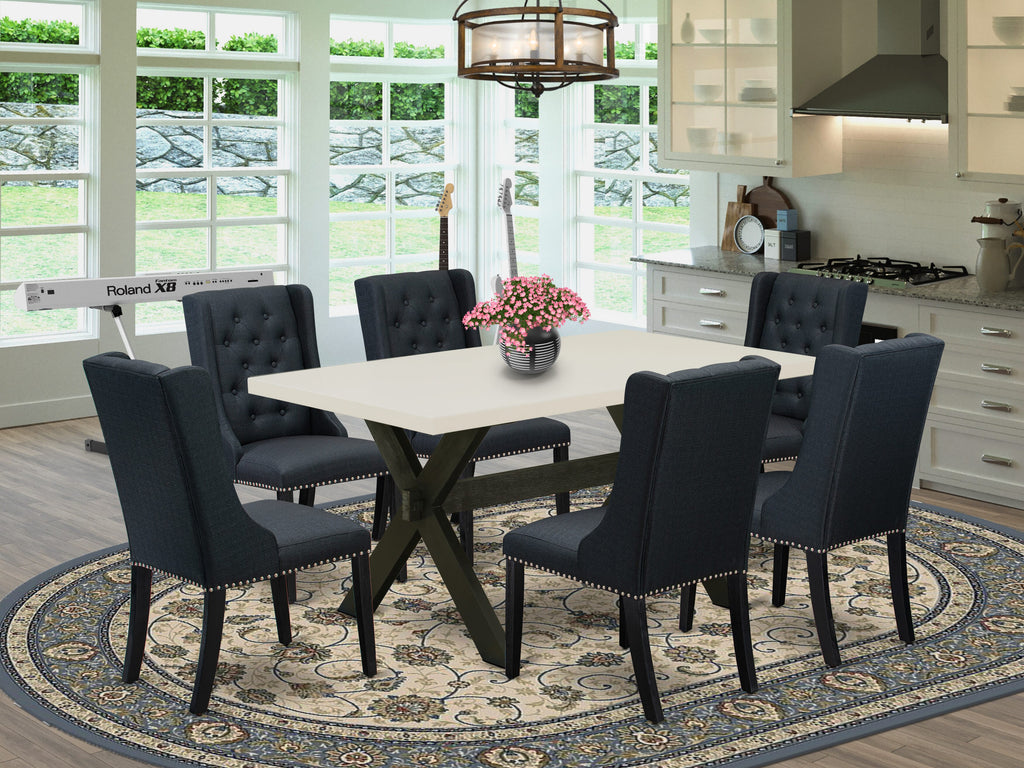 Juego de comedor East West Furniture X626FO624-7 de 7 piezas compuesto por una mesa de comedor rectangular con patas en forma de X y 6 sillas tapizadas en tela de lino negro.