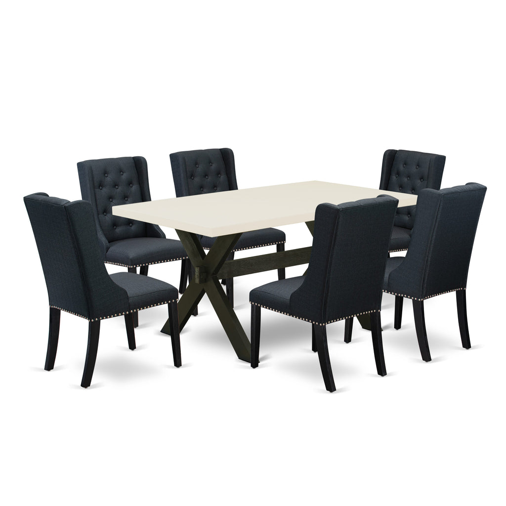 Juego de comedor East West Furniture X626FO624-7 de 7 piezas compuesto por una mesa de comedor rectangular con patas en forma de X y 6 sillas tapizadas en tela de lino negro.
