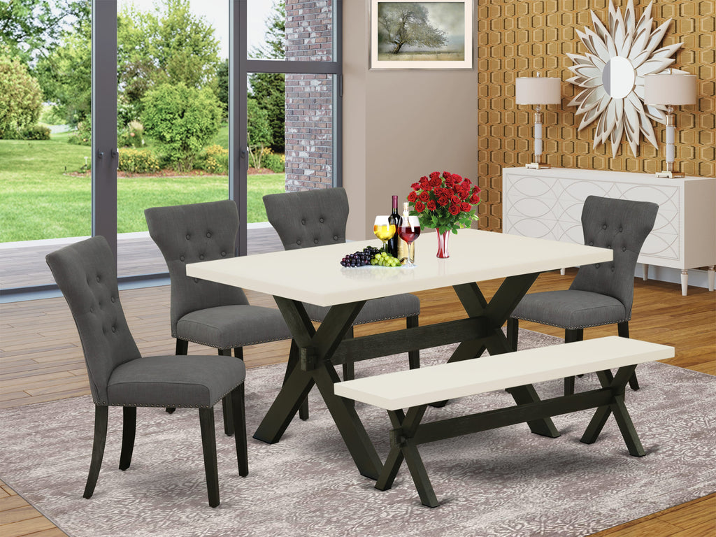 East West Furniture X626GA650-6 6 Piece Dining Table Set Contains a Rectangle Dining Room Table and 4 Dark Gotham Linen Fabric Parson Chairs with a Bench