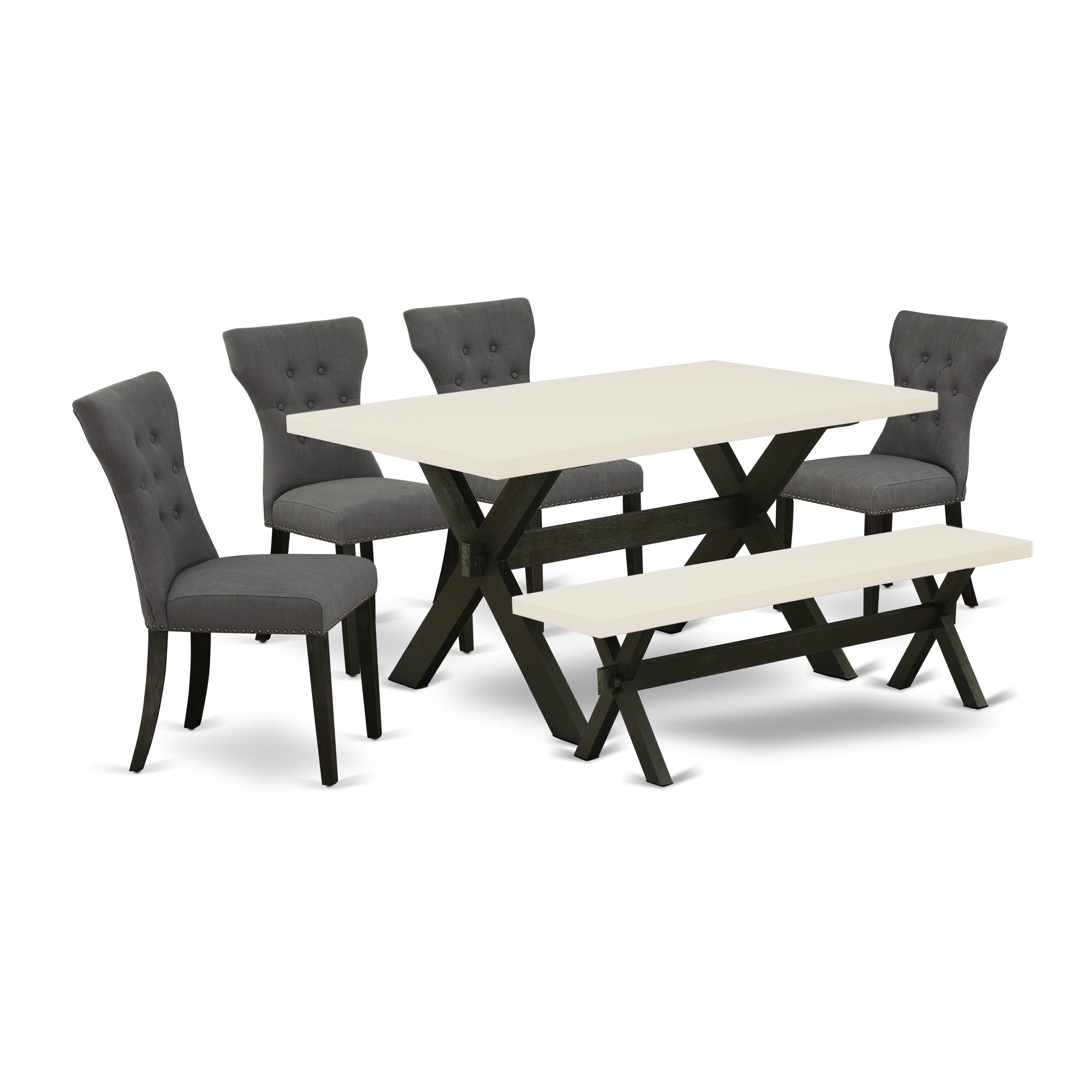 East West Furniture X626GA650-6 6 Piece Dining Table Set Contains a Rectangle Dining Room Table and 4 Dark Gotham Linen Fabric Parson Chairs with a Bench
