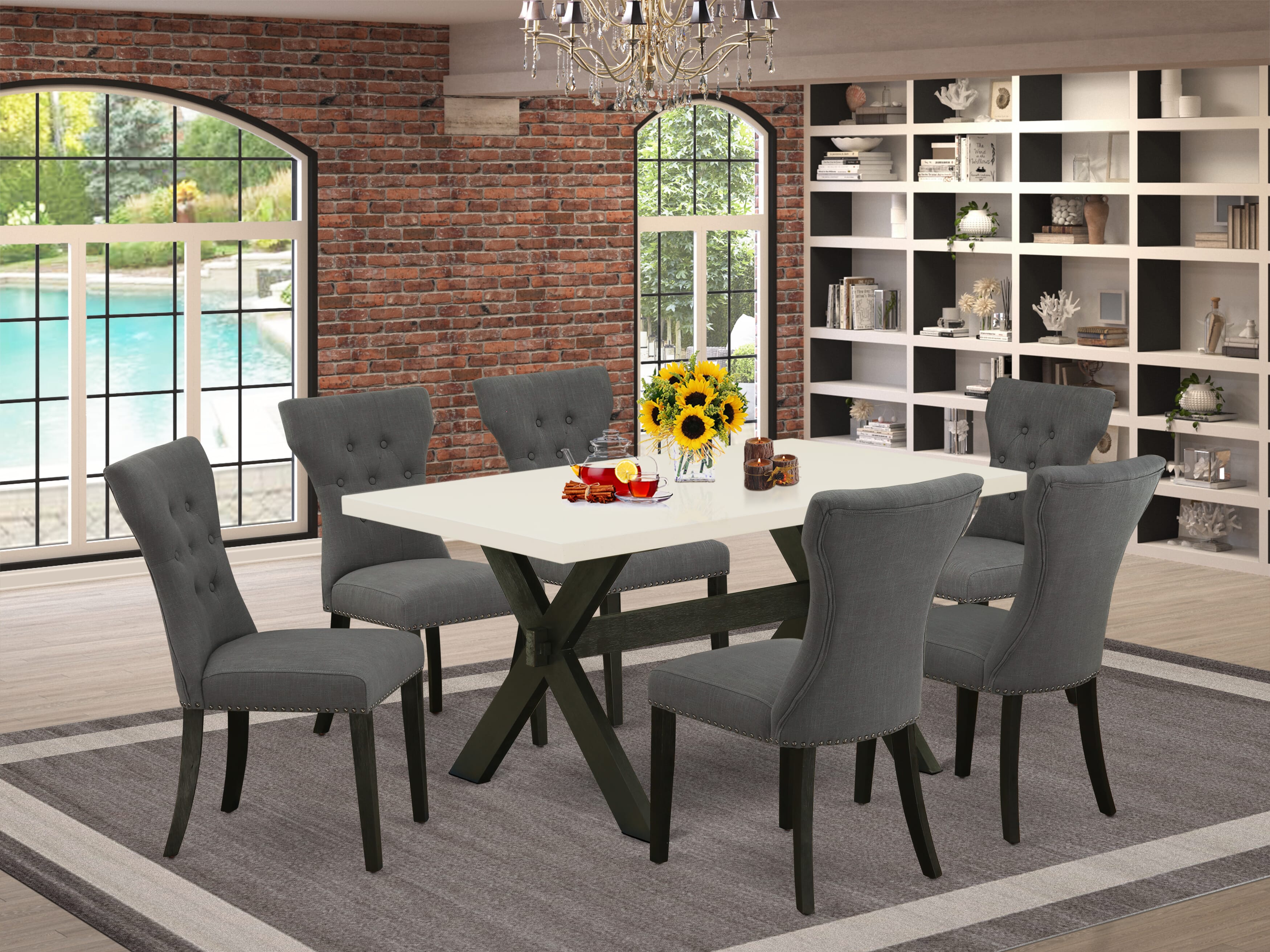 East West Furniture X626GA650-7 7-Pc Rectangular Dinette Set a Great linen white dining table top and 6 beautiful dining room chairs with Nail Heads and Button Tufted, Wire Brushed Black Finish