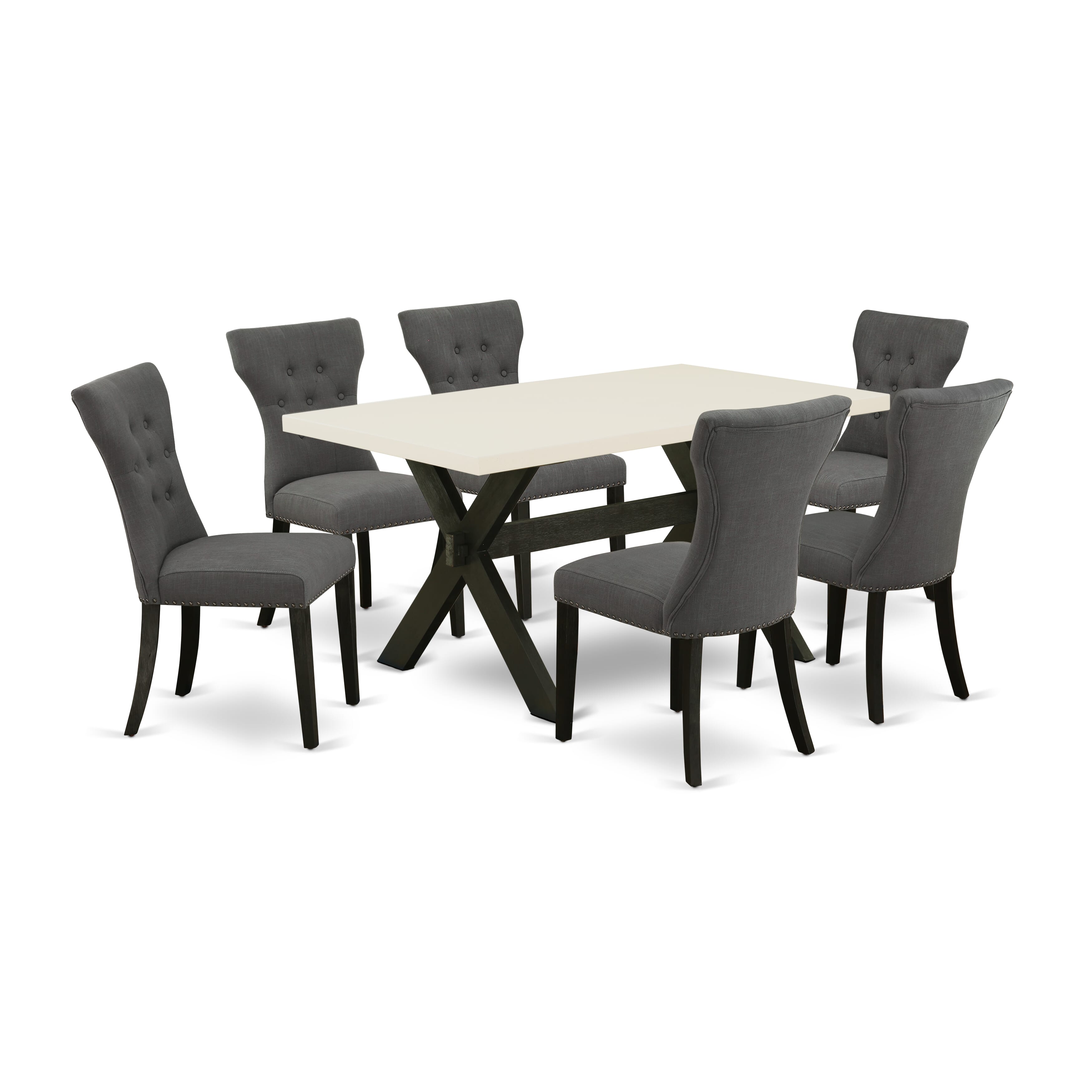 East West Furniture X626GA650-7 7-Pc Rectangular Dinette Set a Great linen white dining table top and 6 beautiful dining room chairs with Nail Heads and Button Tufted, Wire Brushed Black Finish